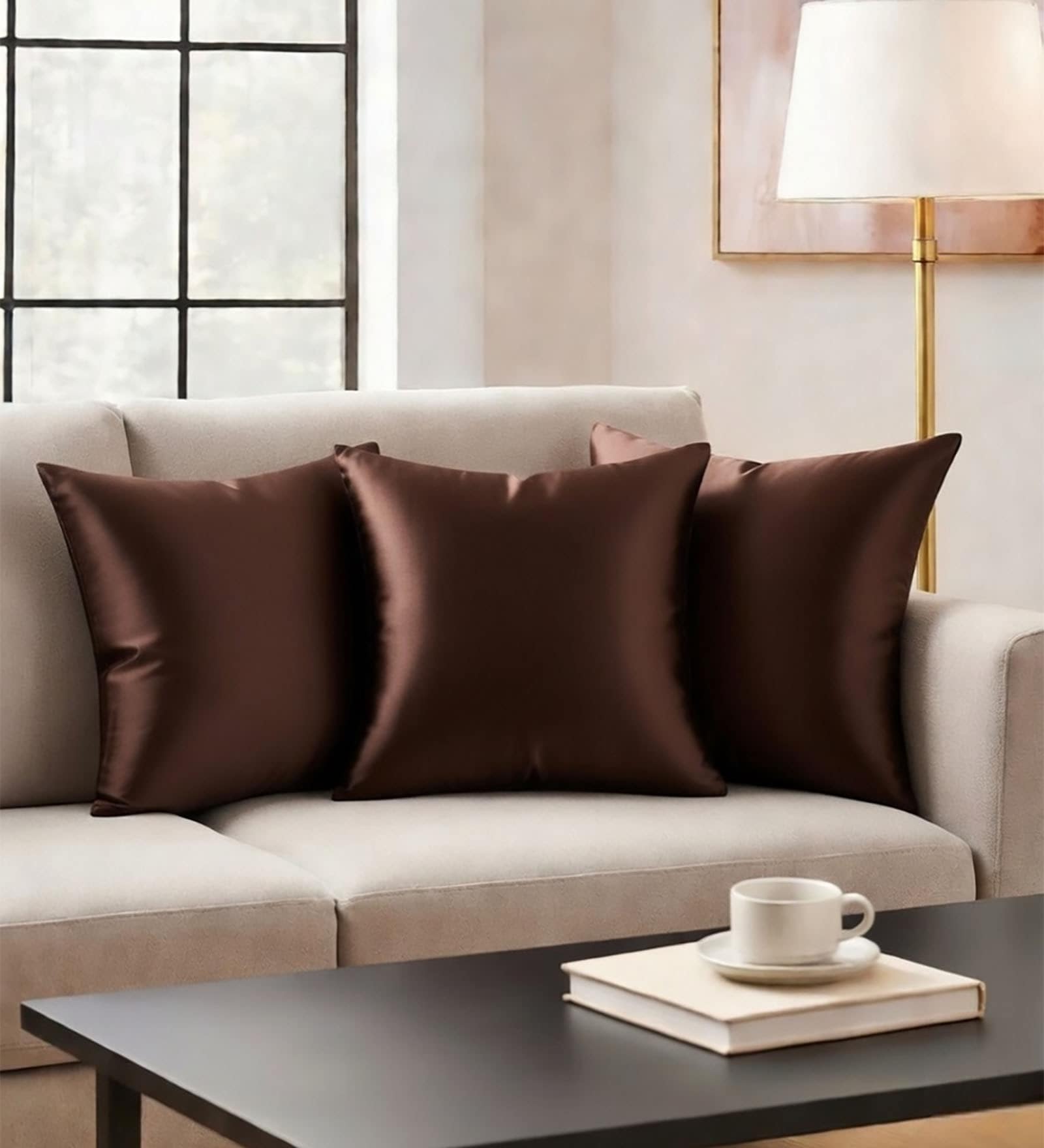 Brown Satin Solid 40x40 inches Cushion Covers Set of 3