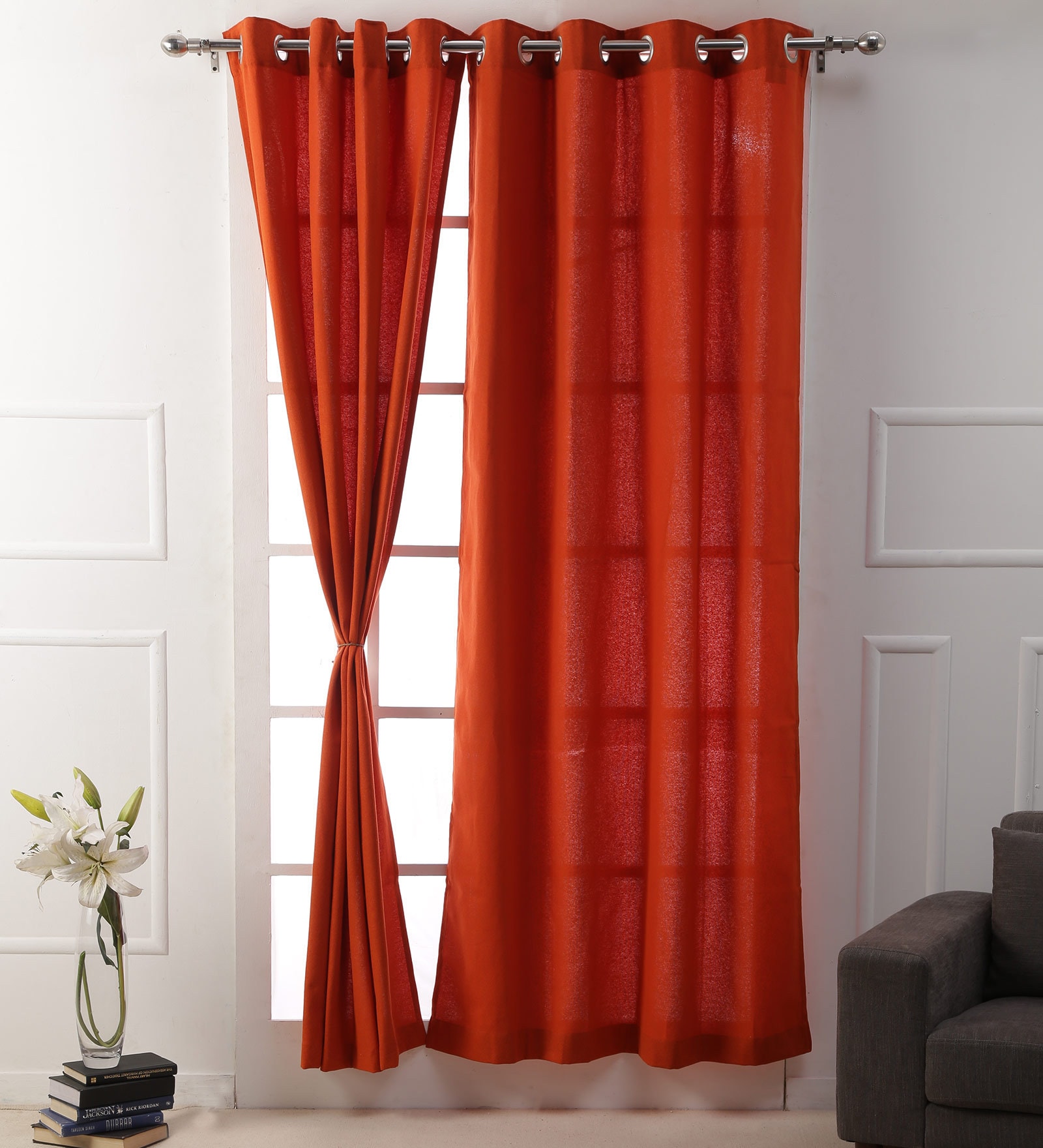 Brown Solid Cotton 7 Ft Light Filtering Eyelet Door Curtain