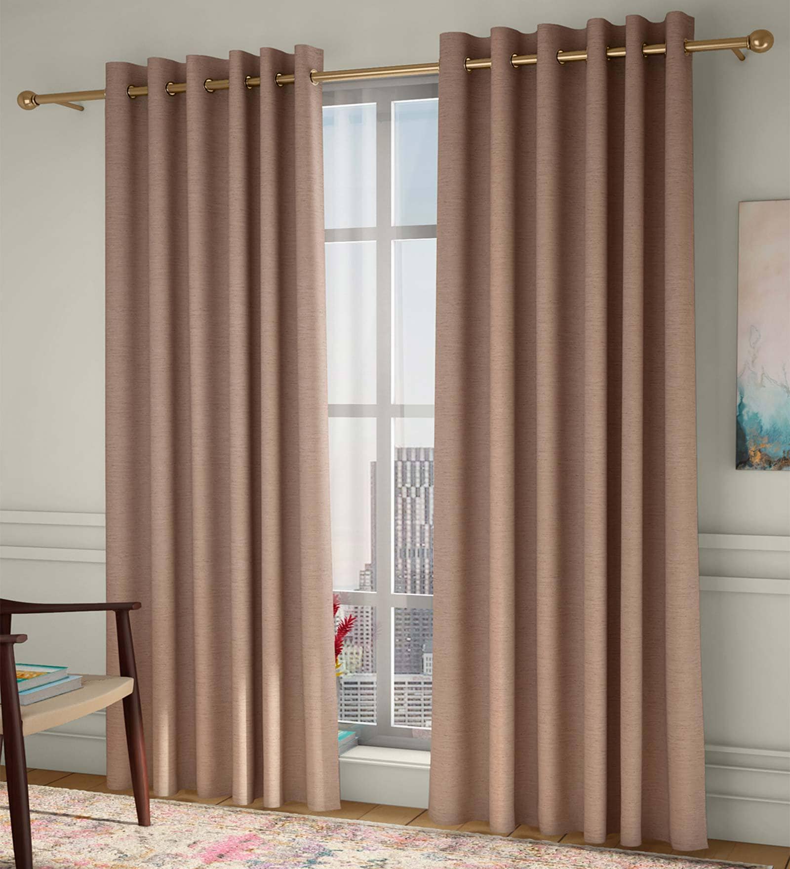 Brown Solid Poly Cotton 7 Ft Light Filtering Eyelet Door Curtains (Set of 2)