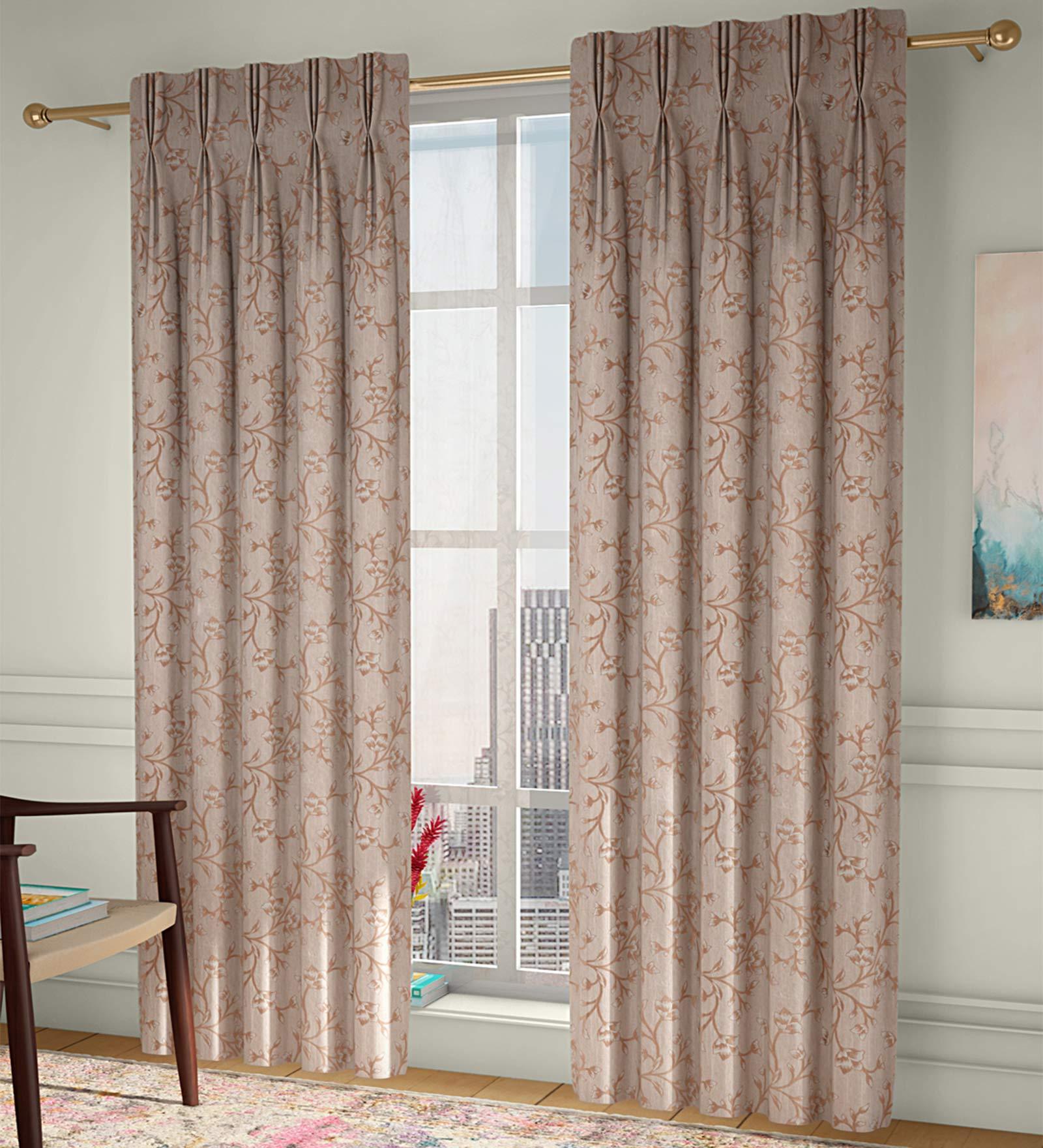 Brown Floral Poly Cotton 9 Ft Light Filtering Pinch Pleat Door Curtains (Set of 2)
