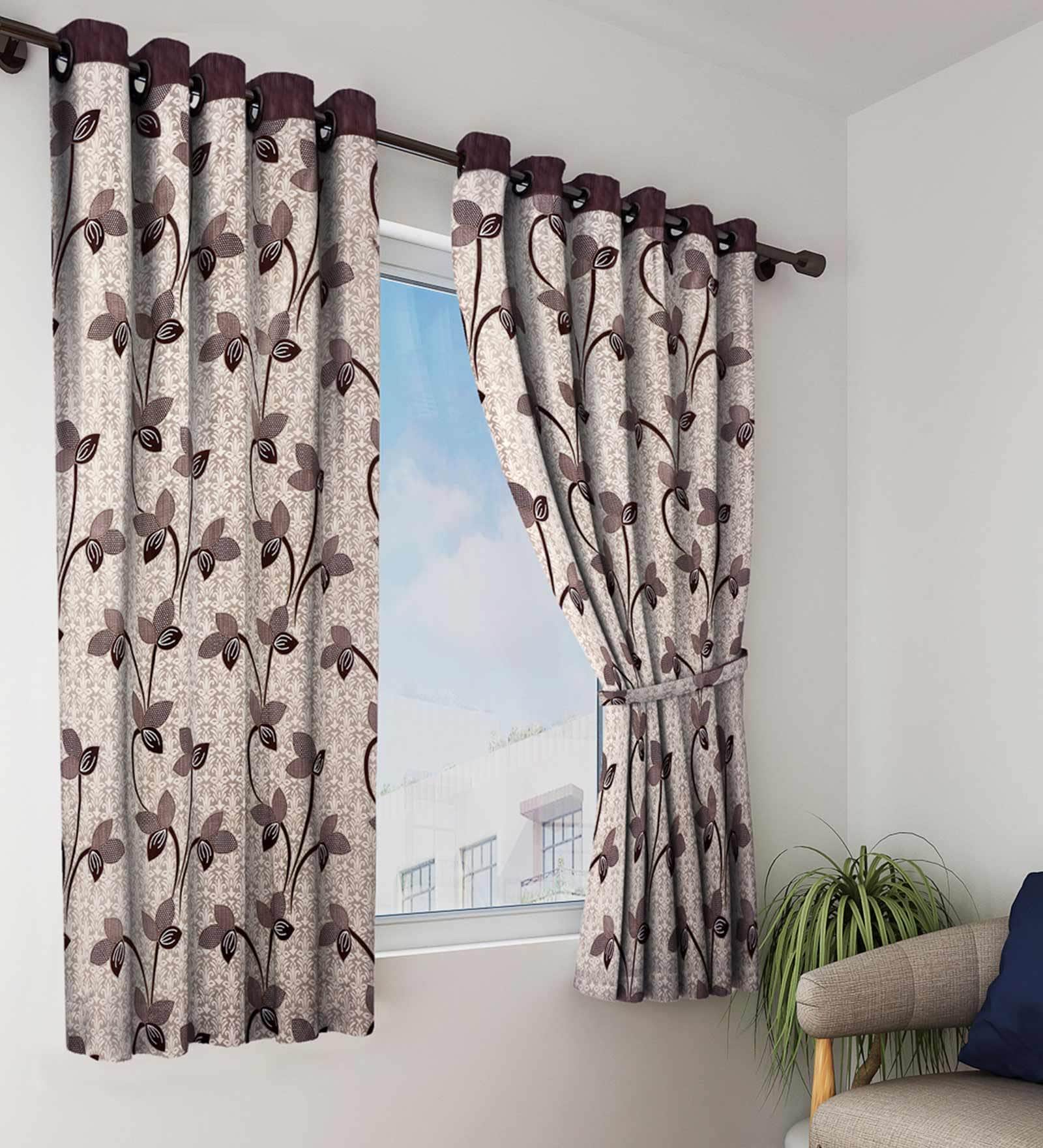 Brown Floral Polyester 5 Ft Semisheer Eyelet Window Curtains (Set of 2)