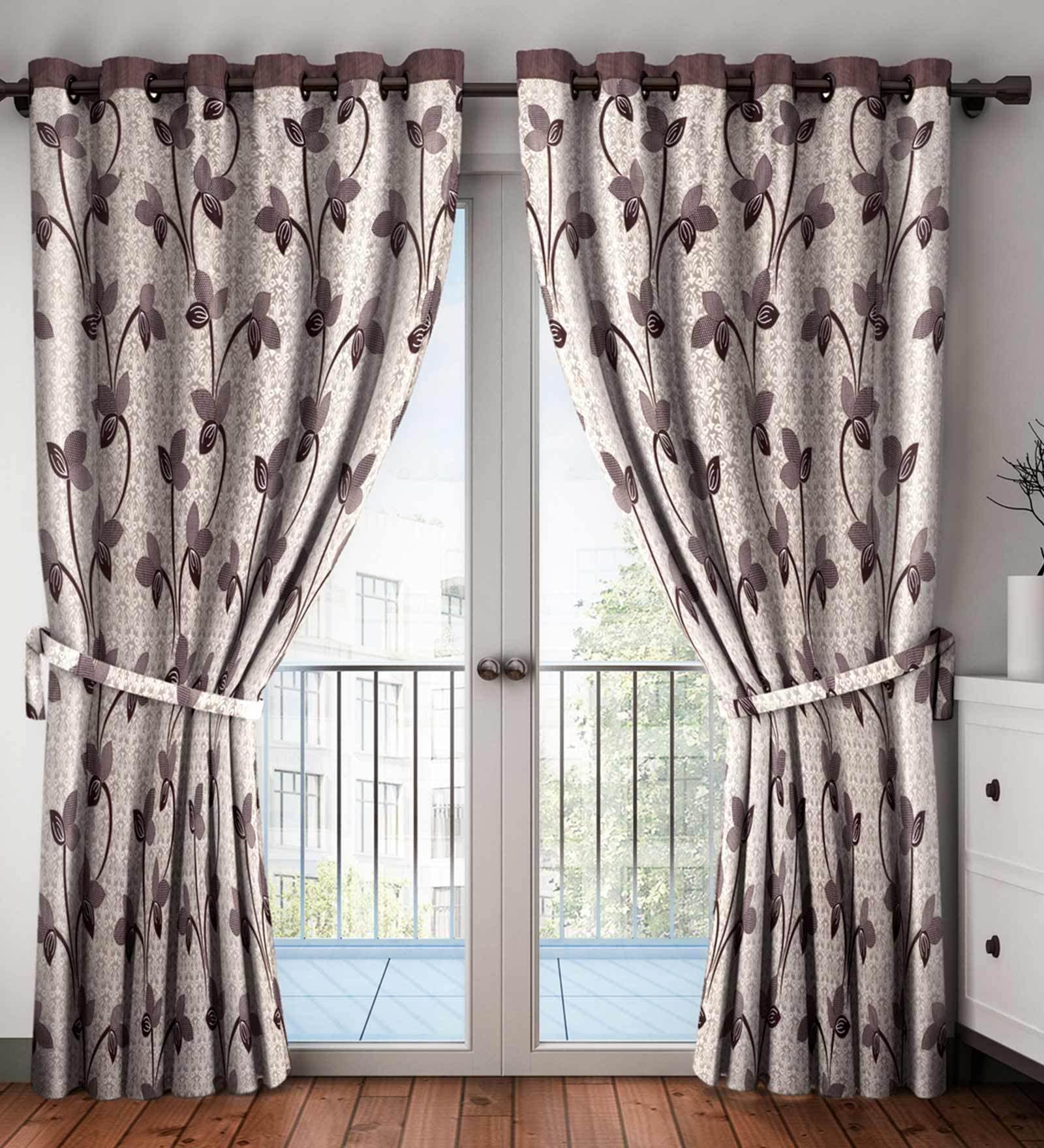Brown Floral Polyester 9 Ft Semisheer Eyelet Door Curtains (Set of 2)