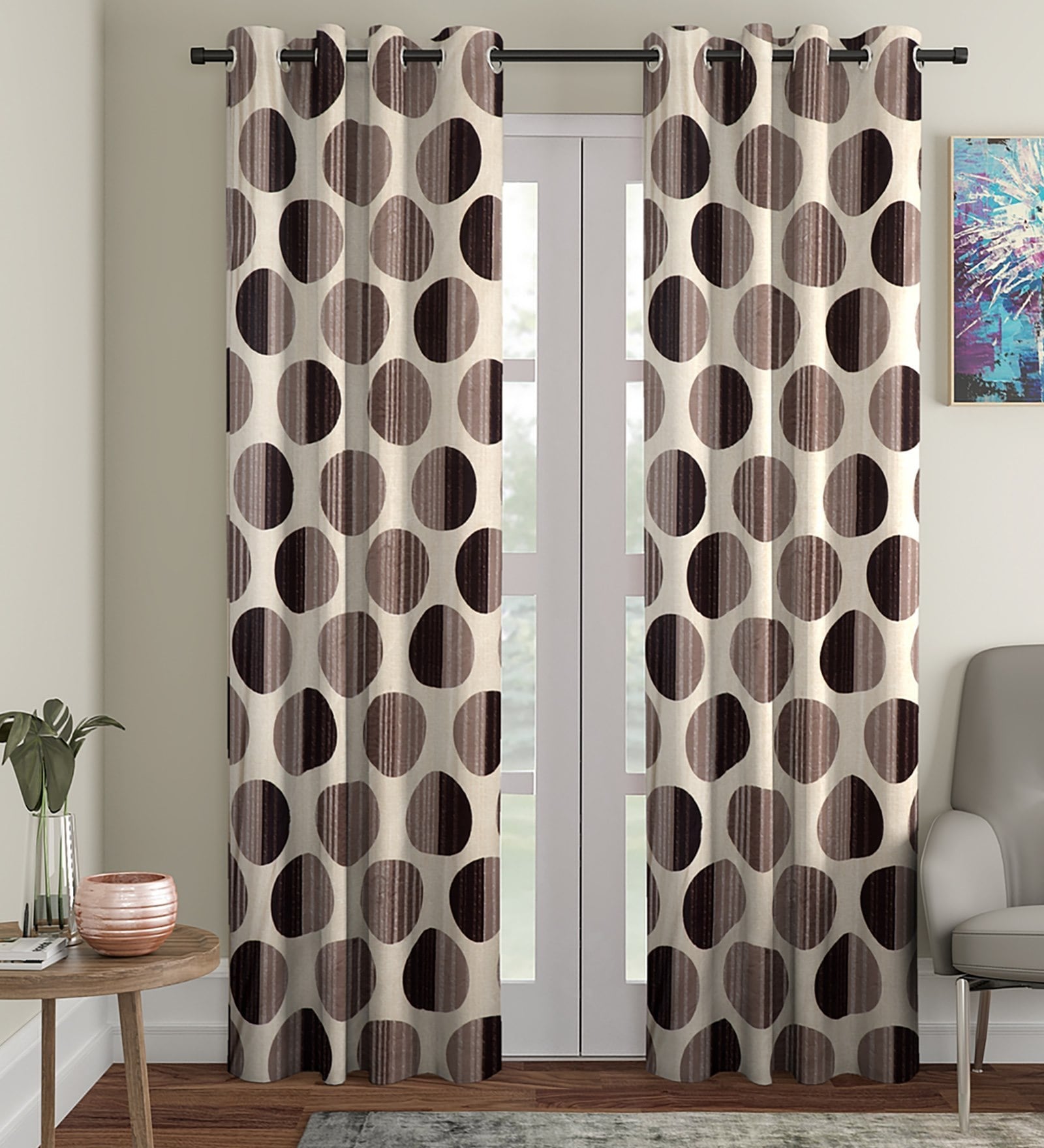Brown Geometric Polyester 9 Ft Semisheer Eyelet Door Curtains (Set of 2)