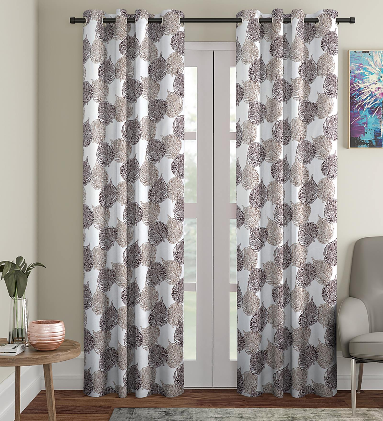 Brown Floral Polyester 9 Ft Semisheer Eyelet Door Curtains (Set of 2)