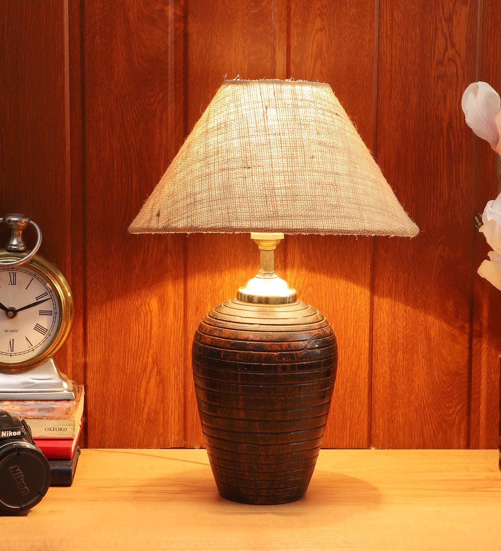 Venice Brown Fabric Shade Night Lamp With Teracotta Base