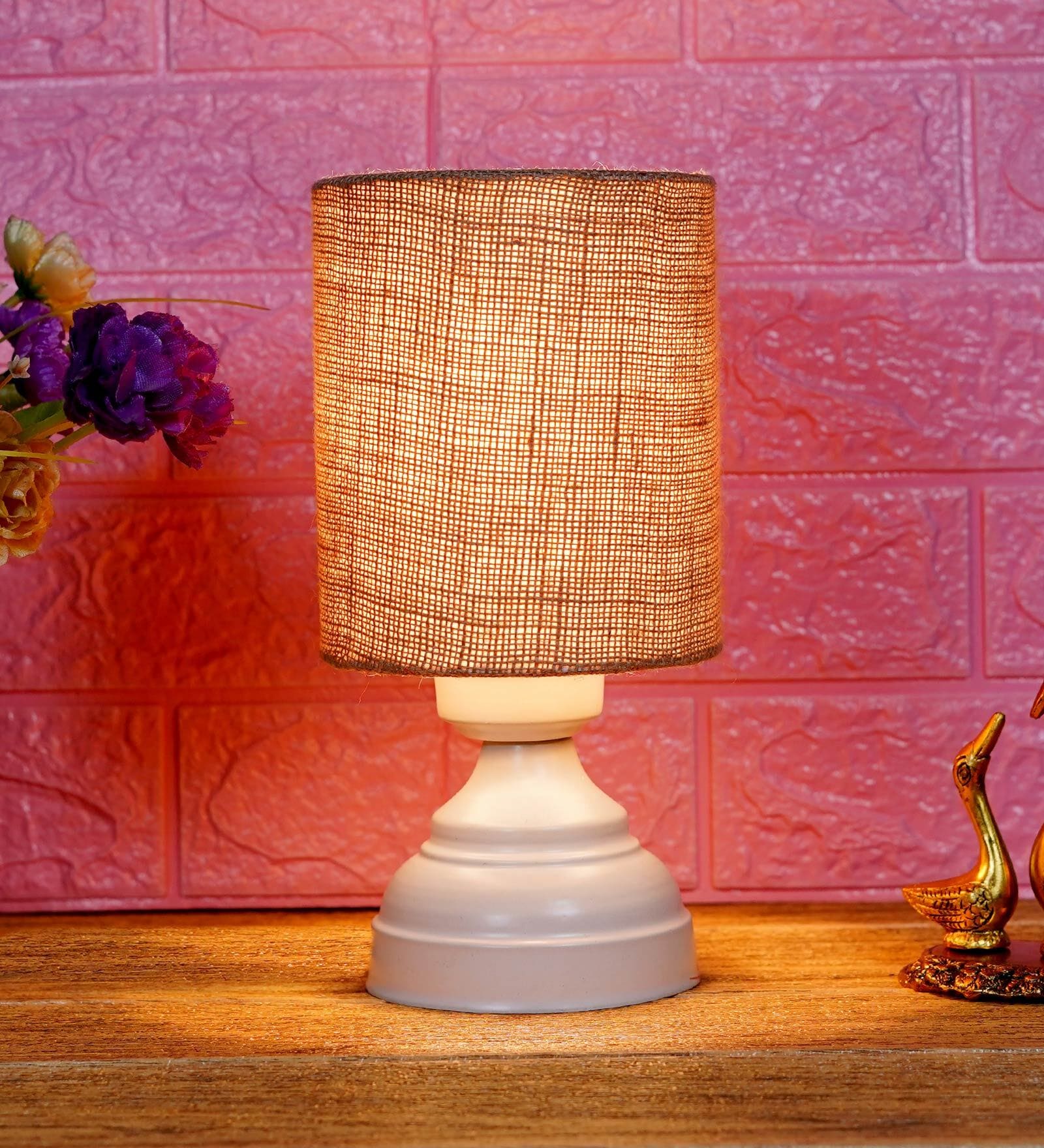 Royal Brown Natural Fiber Shade Night Lamp With Metal Base