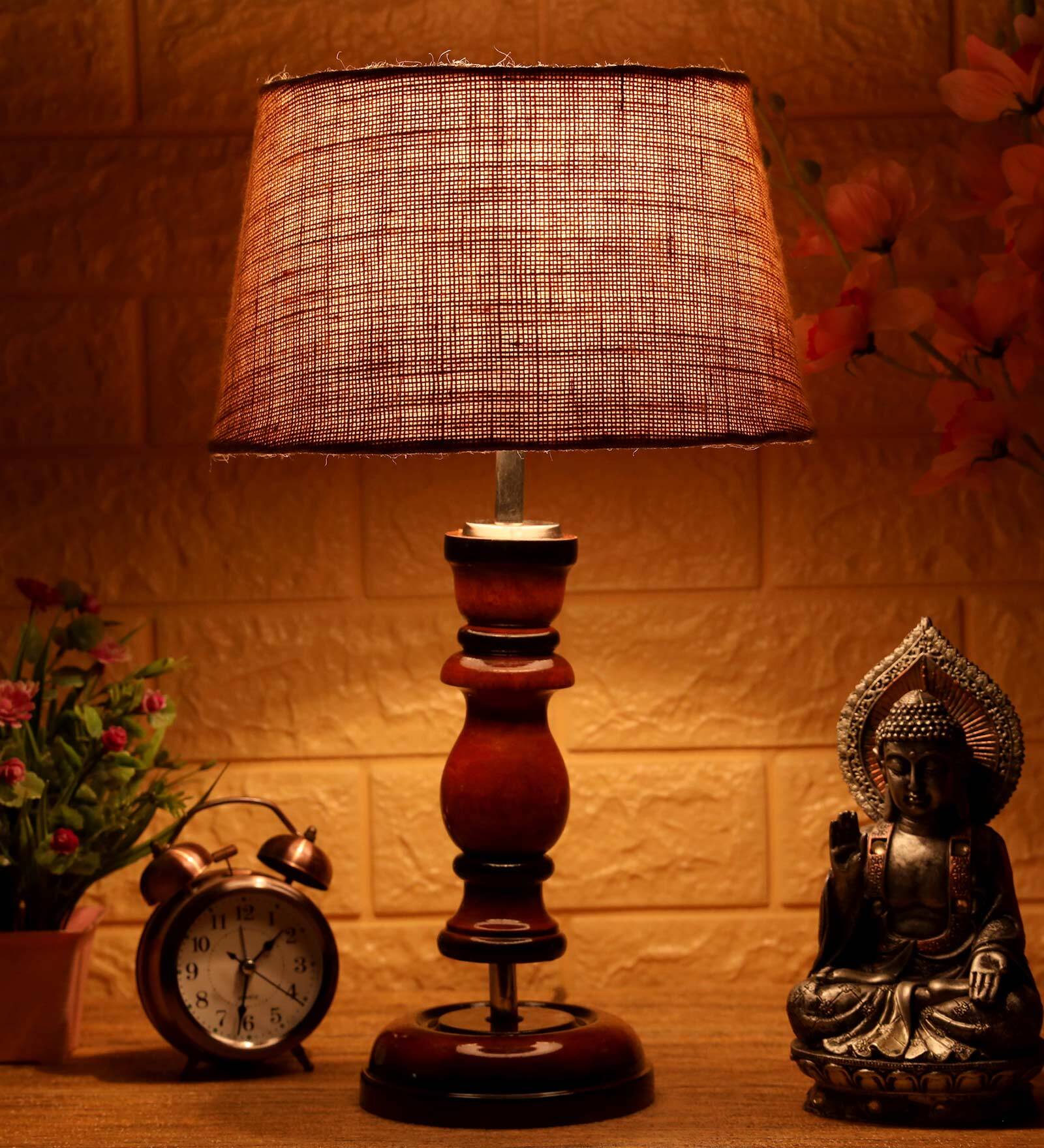 Venice Brown Natural Fiber Shade Night Lamp With Wood Base