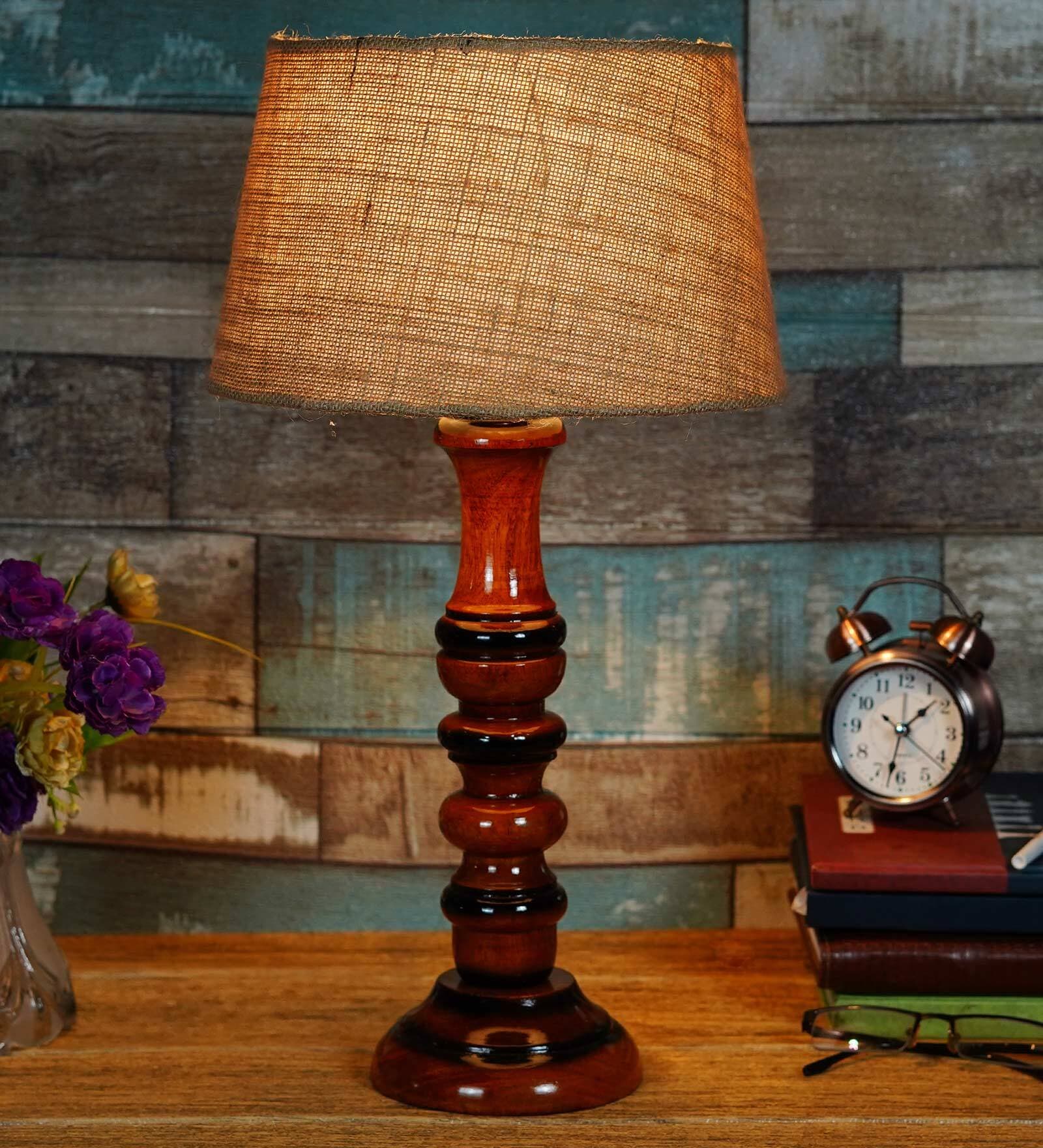 Yogasana Brown Fabric Shade Night Lamp With Wood Base