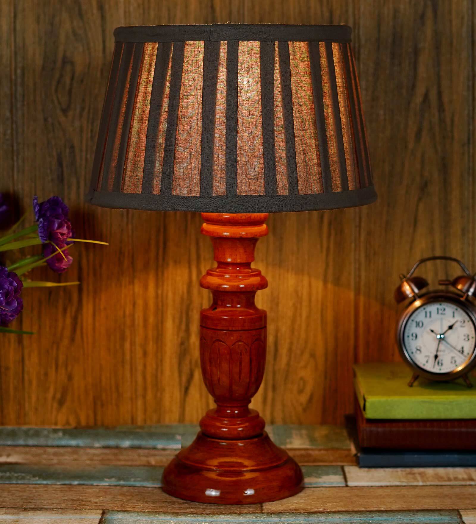 Cumberland Brown Fabric Shade Night Lamp With Wood Base