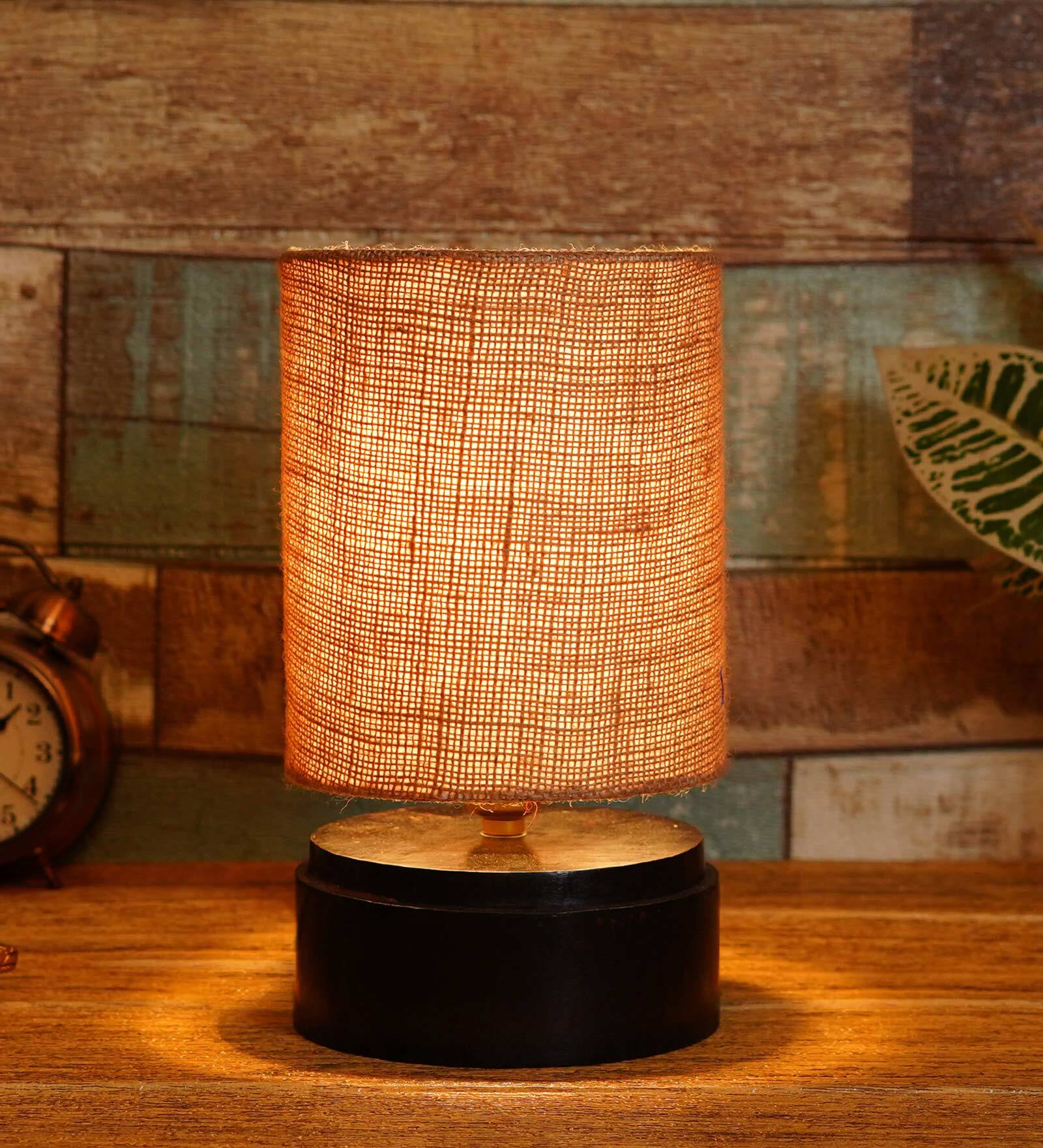 Brown Shade Table Lamp With Wood Base