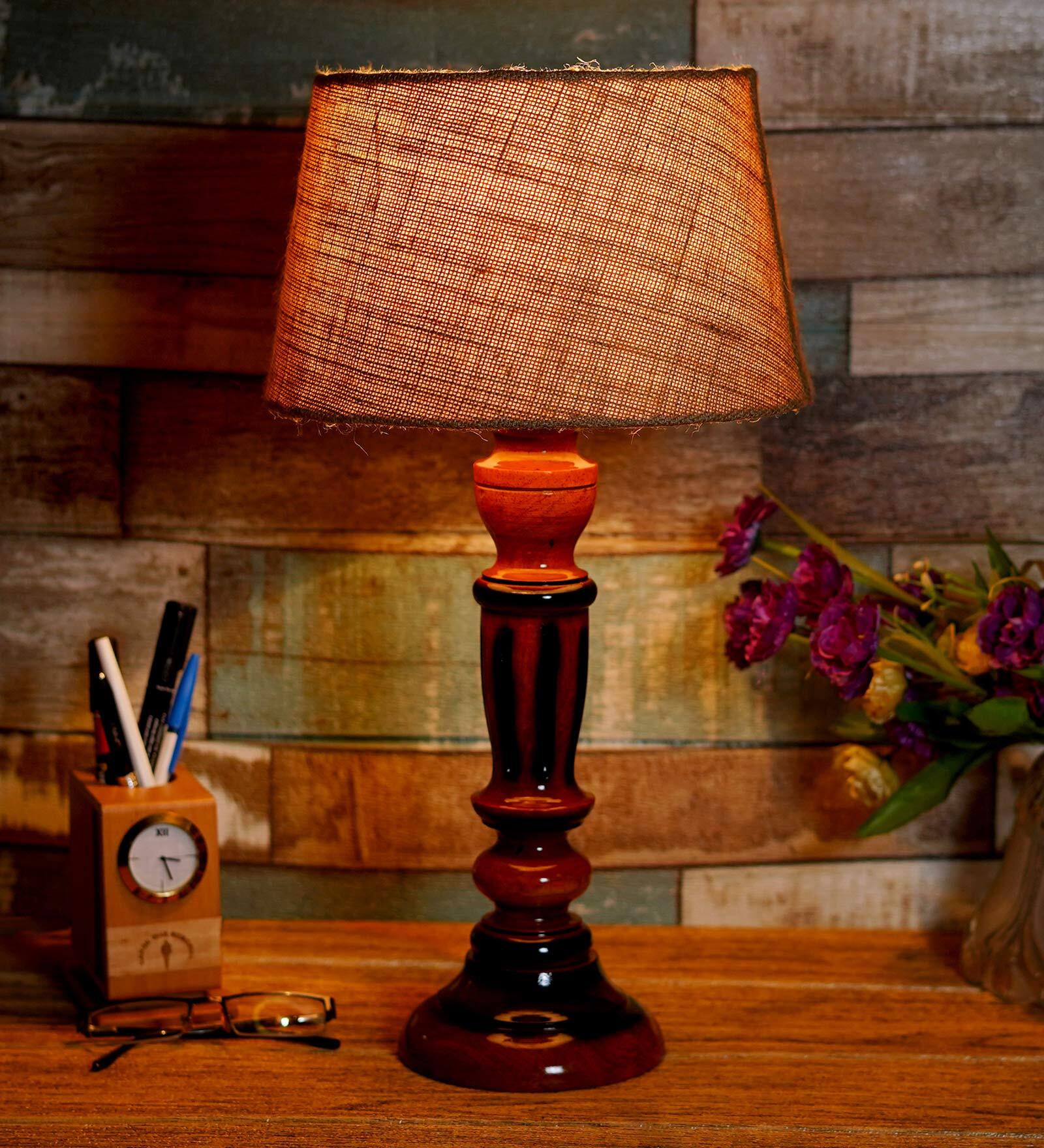 Solitaire Brown Natural Fiber Shade Night Lamp With Wood Base