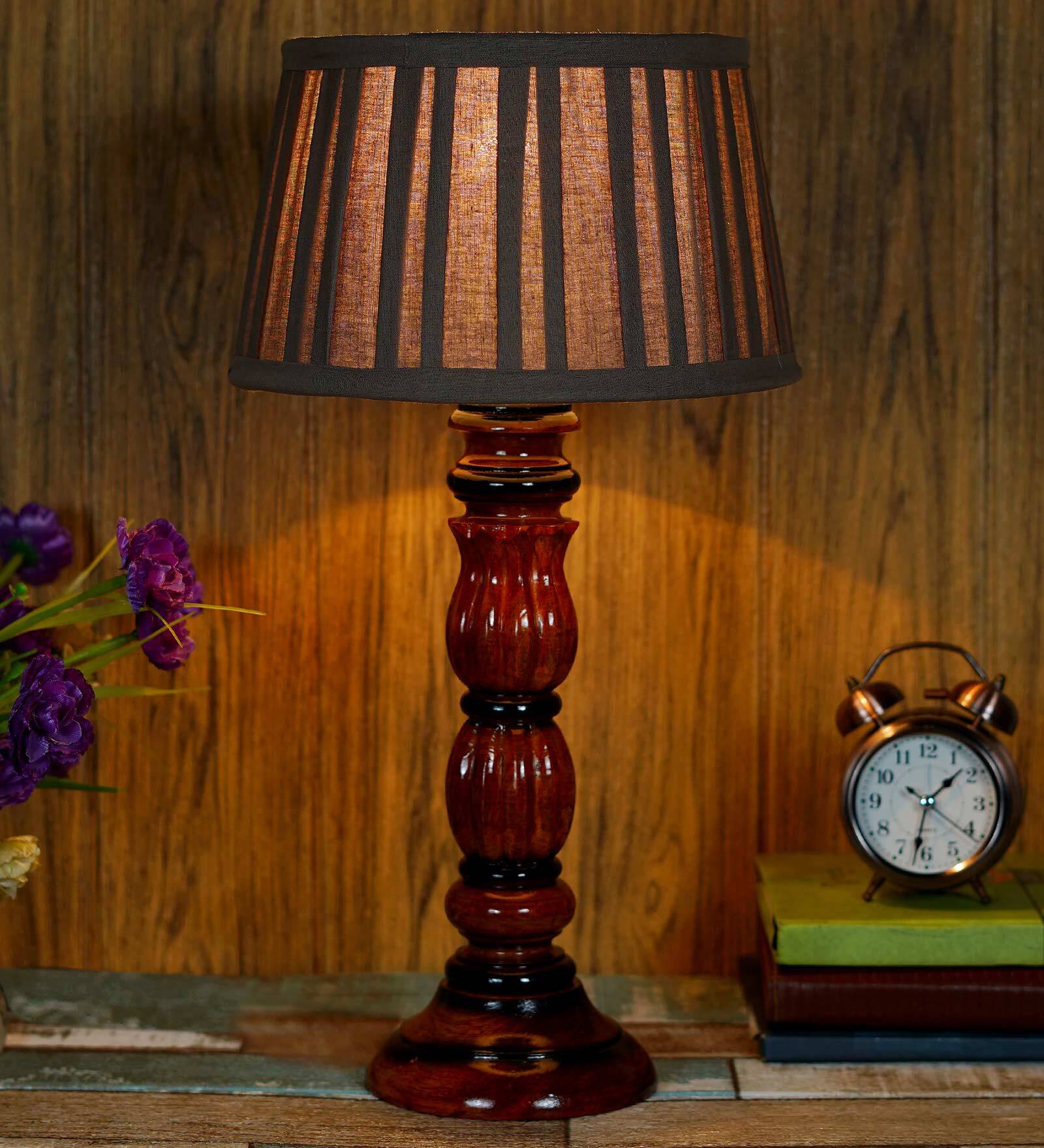 Montage Brown Fabric Shade Night Lamp With Wood Base