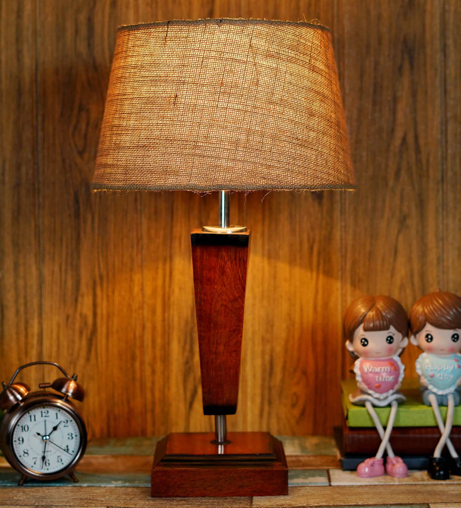 Milan Brown Natural Fiber Shade Night Lamp With Wood Base