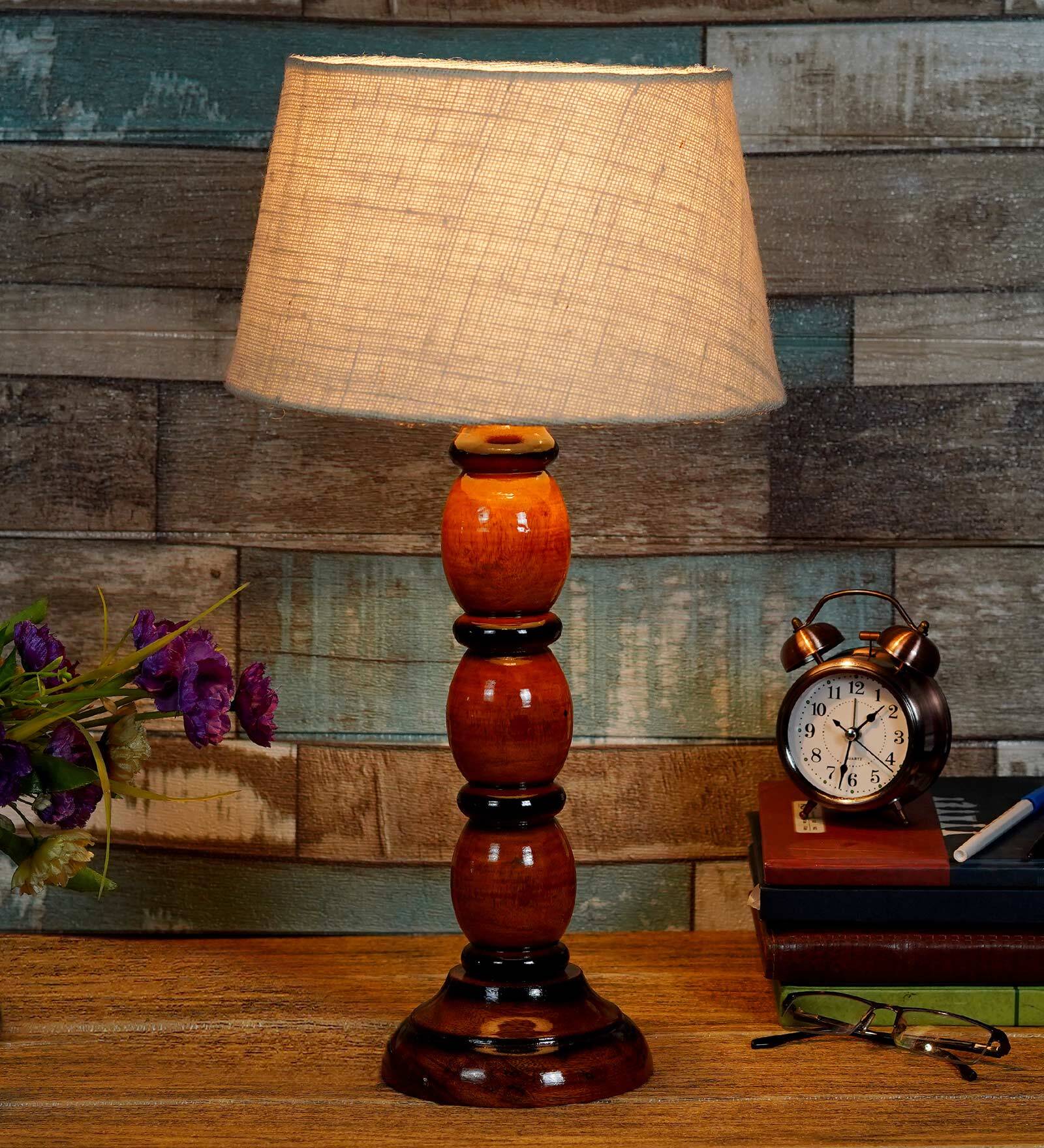 Bezalel Brown Natural Fiber Shade Night Lamp With Wood Base