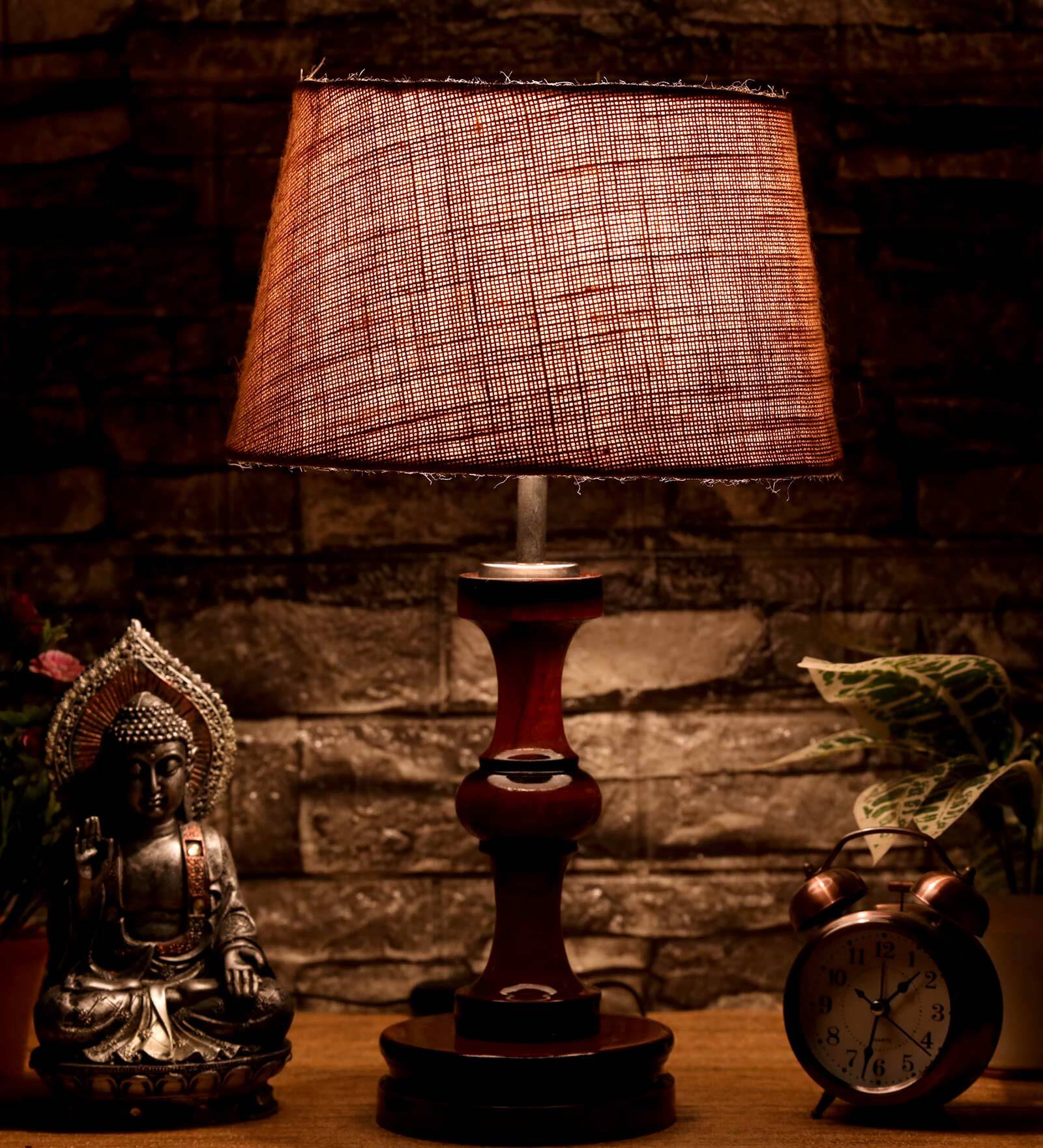 Salerno Brown Natural Fiber Shade Night Lamp With Wood Base