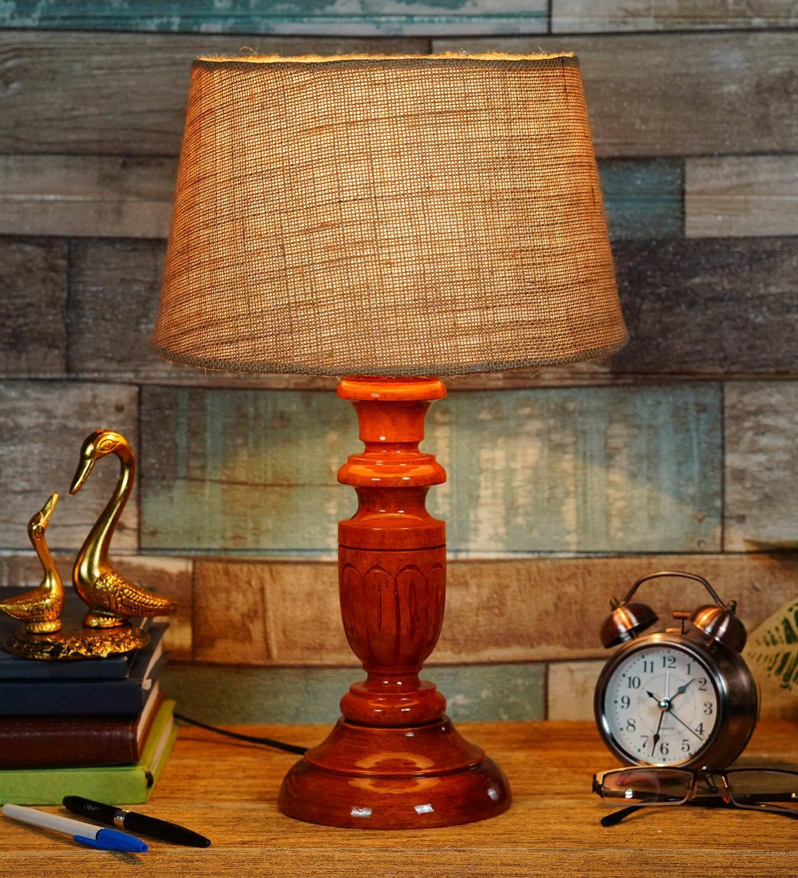 Antique Brown Natural Fiber Shade Night Lamp With Wood Base