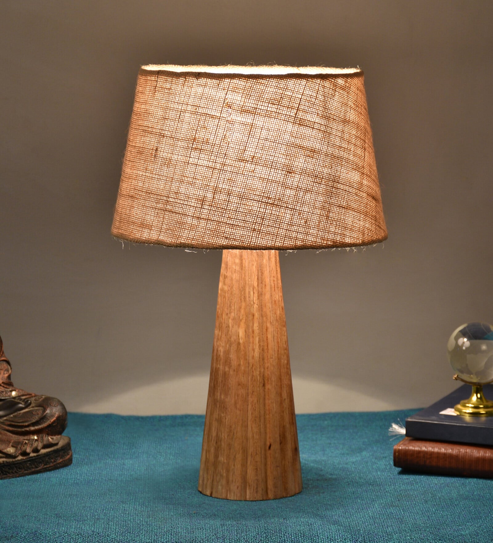 Holly Brown Natural Fiber Shade Night Lamp With Wood Base