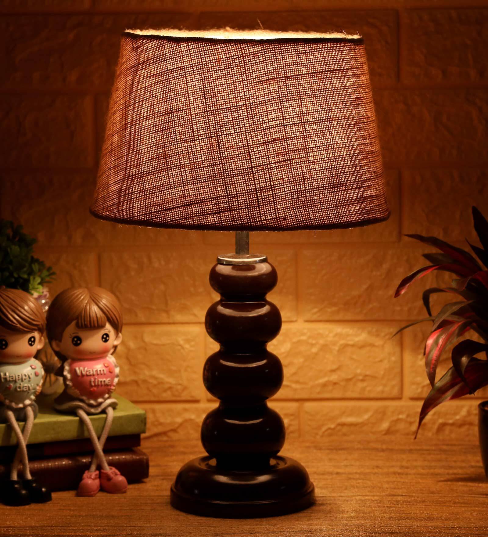 Matteo Brown Natural Fiber Shade Night Lamp With Wood Base