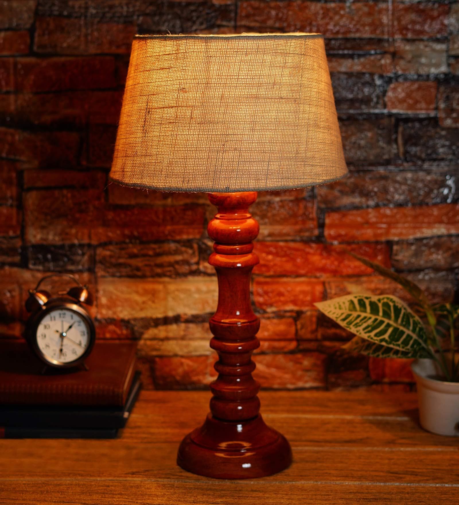 Brown Natural Fiber Shade Night Lamp With Wood Base