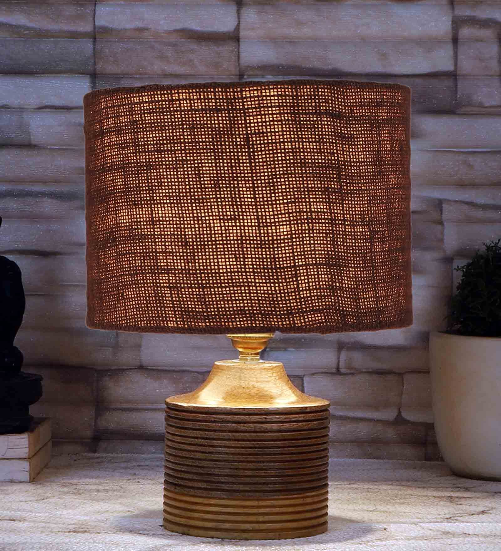 Brown Shade Table Lamp With Wood Base