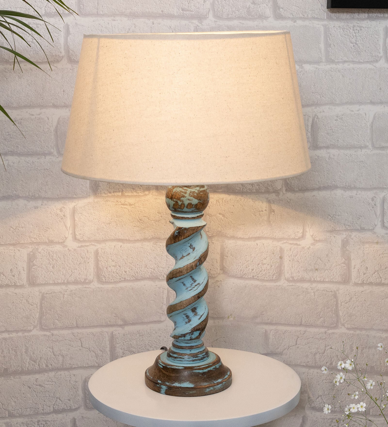 Brown Shade Table Lamp With Wooden Base