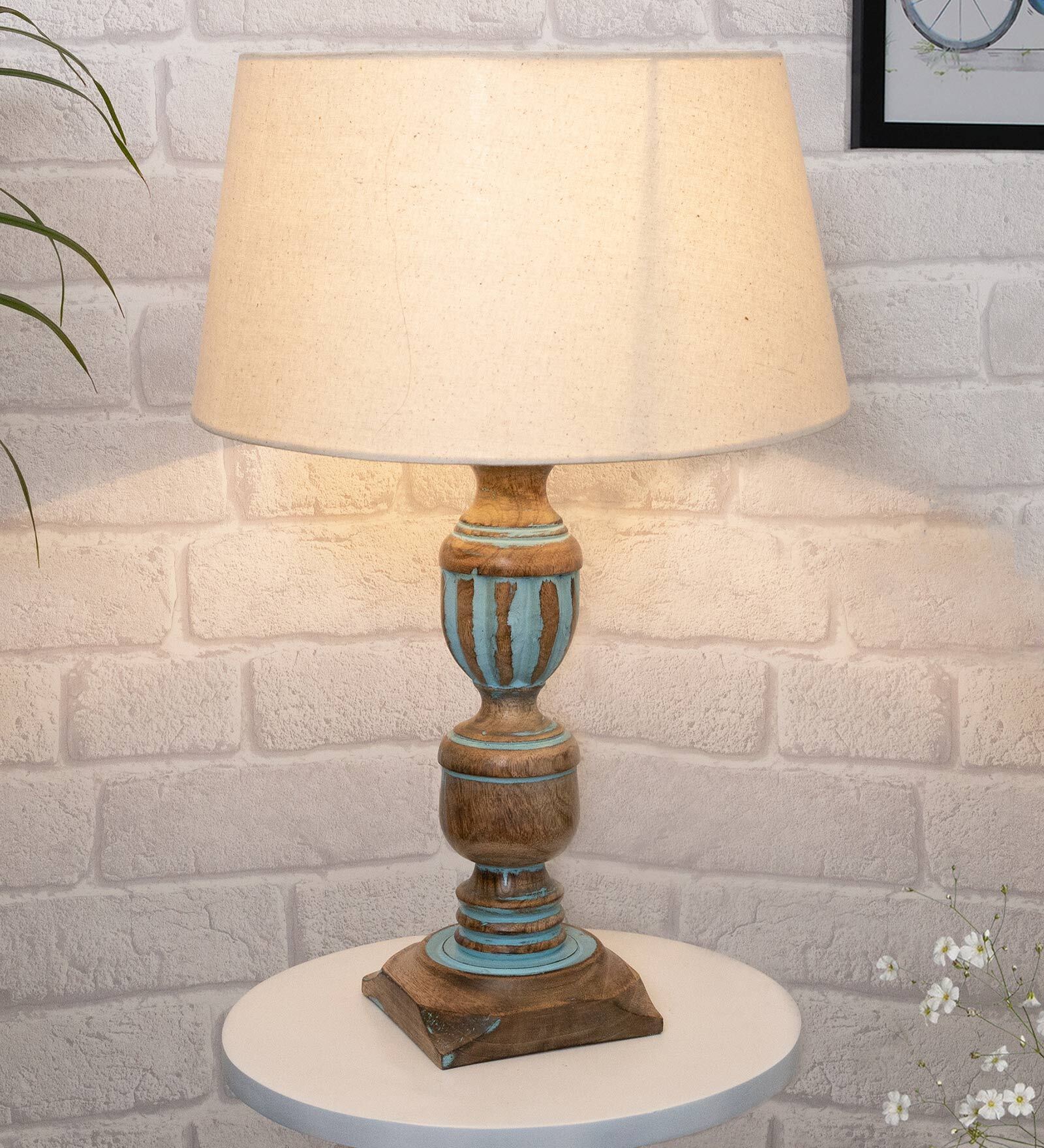 Cream Shade Table Lamp With Wooden Base