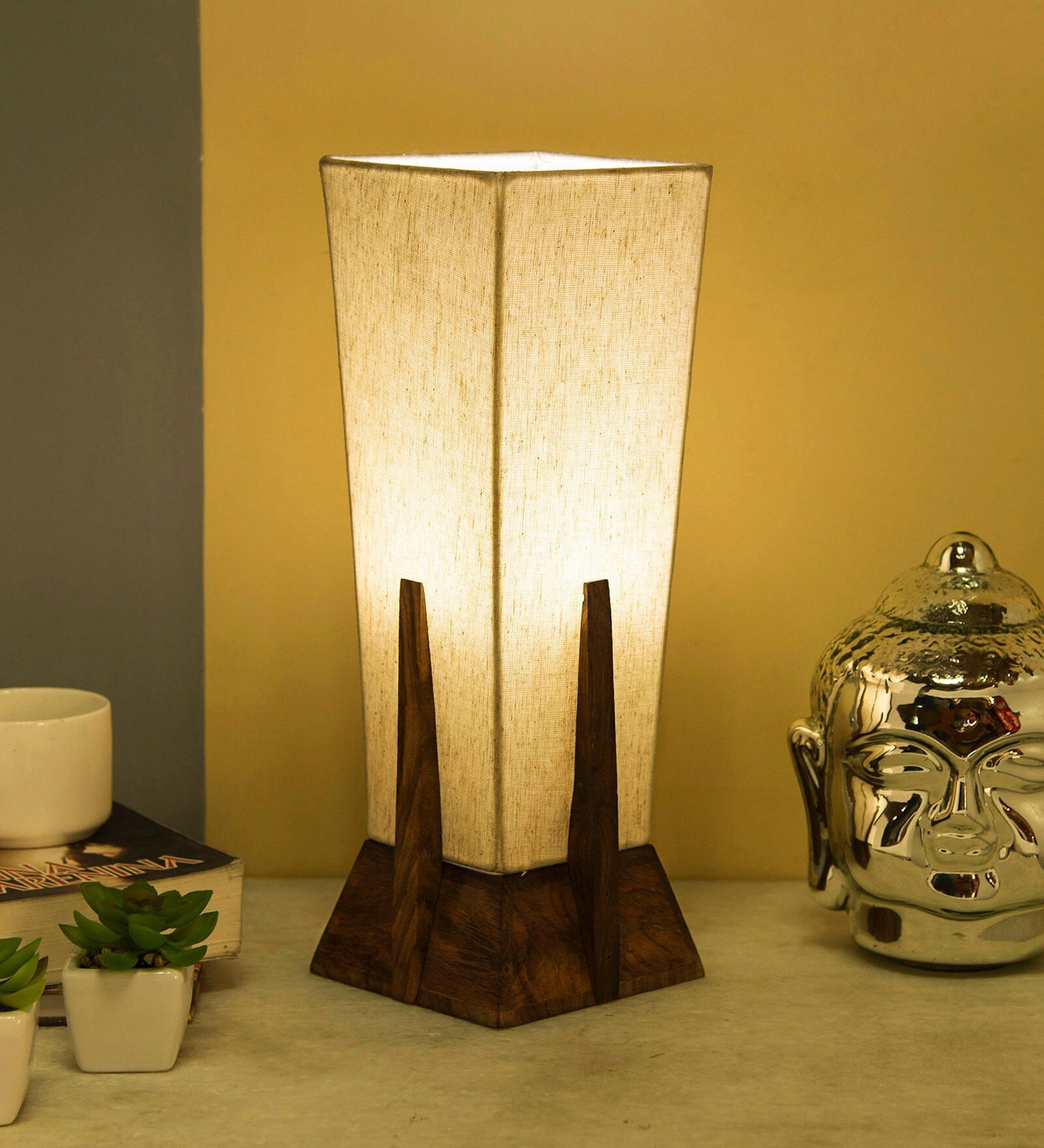 Jumilla Off White Fabric Shade Table Lamp With Wood Base