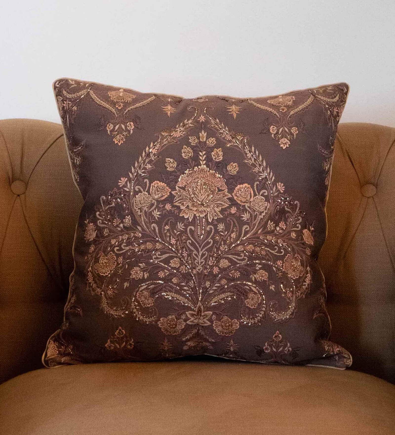 Brown Textured Silk 16 x 16 Inches Embroidered Cushion Cover
