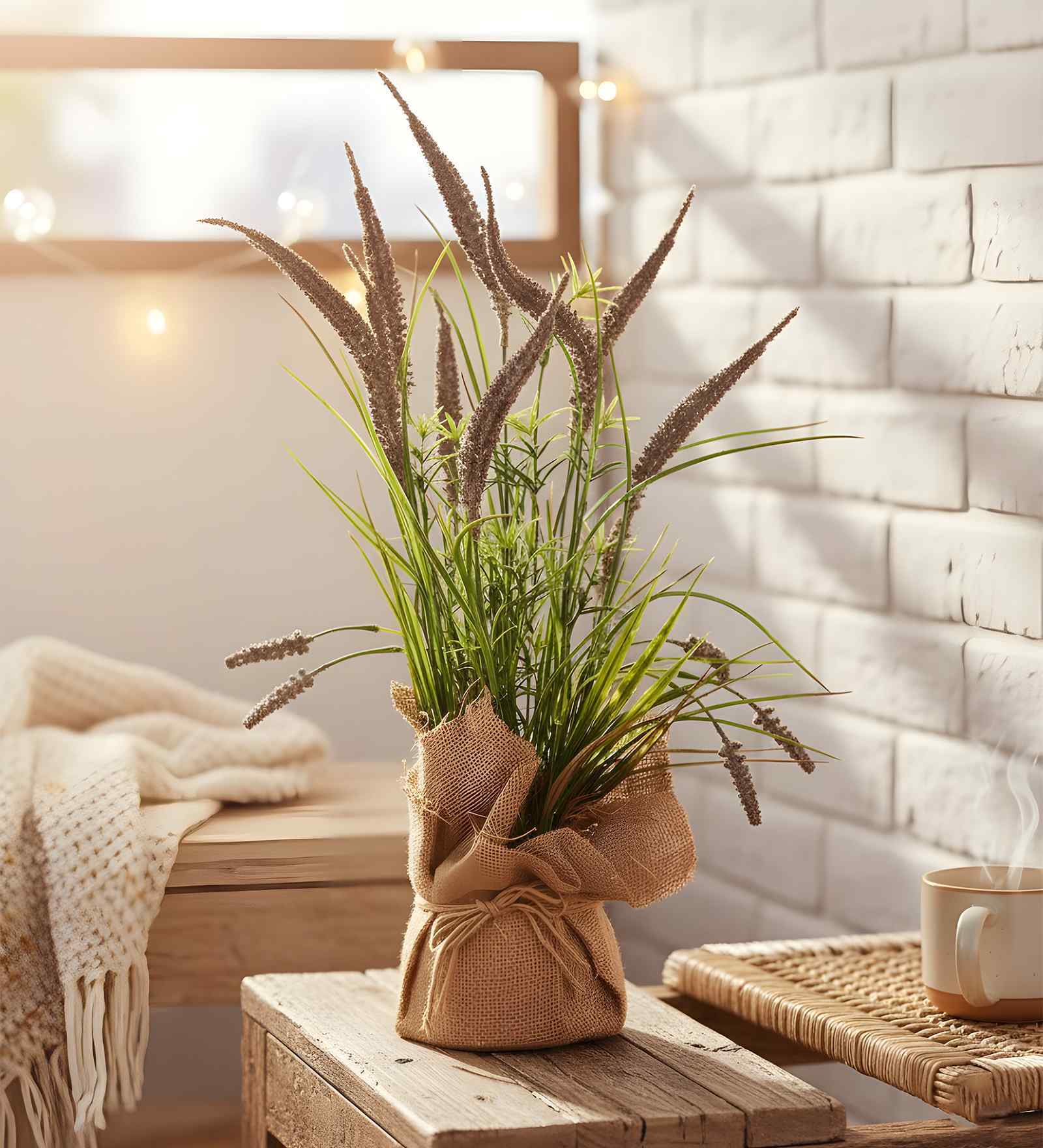 Brown Silk Plastic And Jute Artificial Foxtail Grass Arrangement Flower Bunch With Jute Wrap