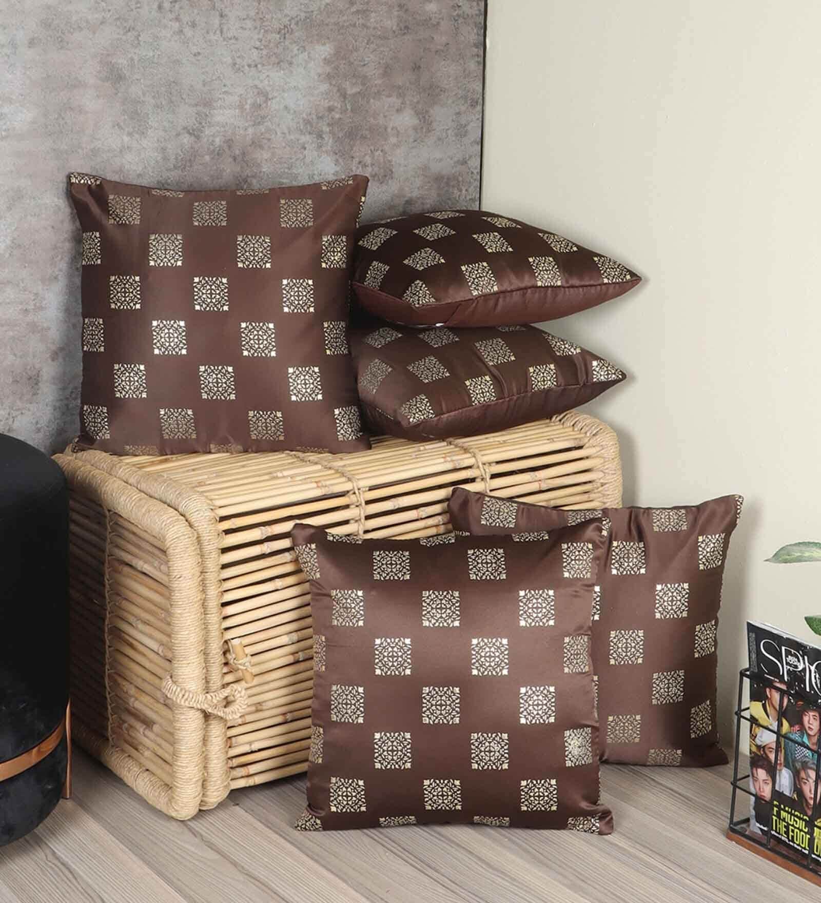 Brown Traditional Silk 16 x 16 Inches Cushion Covers (Set of 5)
