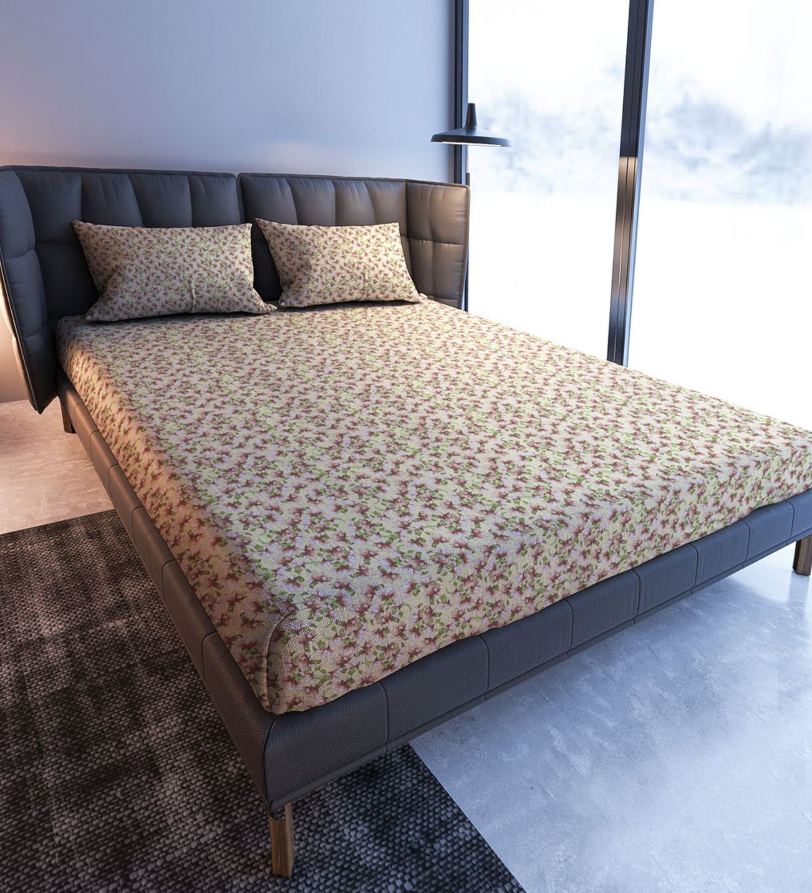 Brown Floral  TC Cotton Super King Bedsheet with 2 Pillow Covers