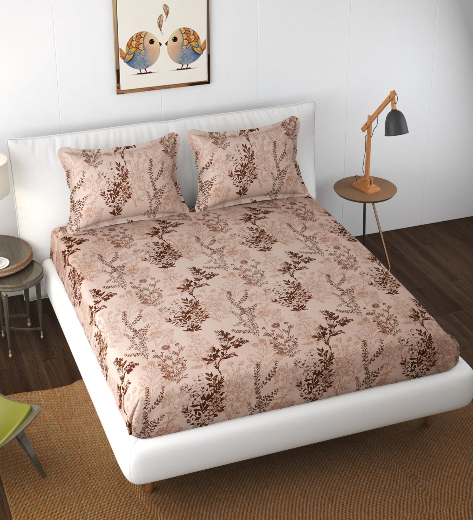 Brown Floral 144 TC Polyester Double Bedsheet With 2 Pillow Covers