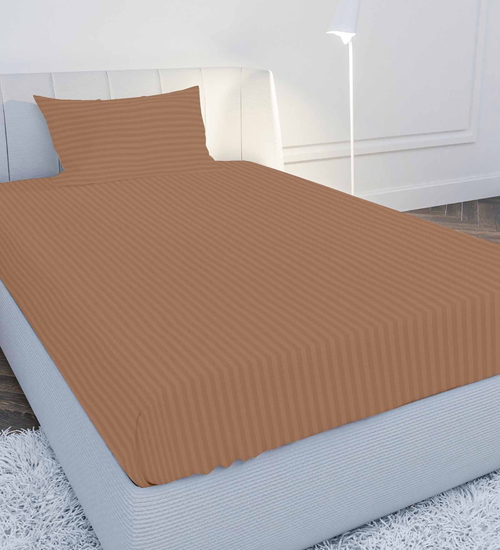 Brown Solid 210 TC Cotton Single Sized Bedsheet with 1 Pillow Cover Satin Stripe 2024 Collection Brown Solid 210 TC Cotton Single Sized Bedsheet with 1 Pillow Cover Satin Stripe 2024 Collection