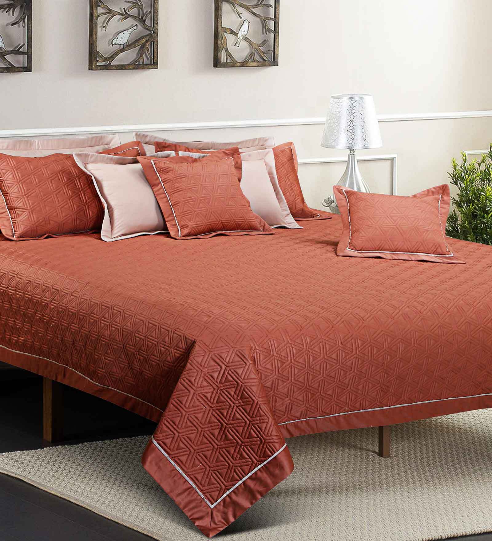 Brown Solid 300 TC Cotton Quilted Double Bed Cover with 2 Pillow Covers & 2 Cushion Covers with Filler Kairo Collection