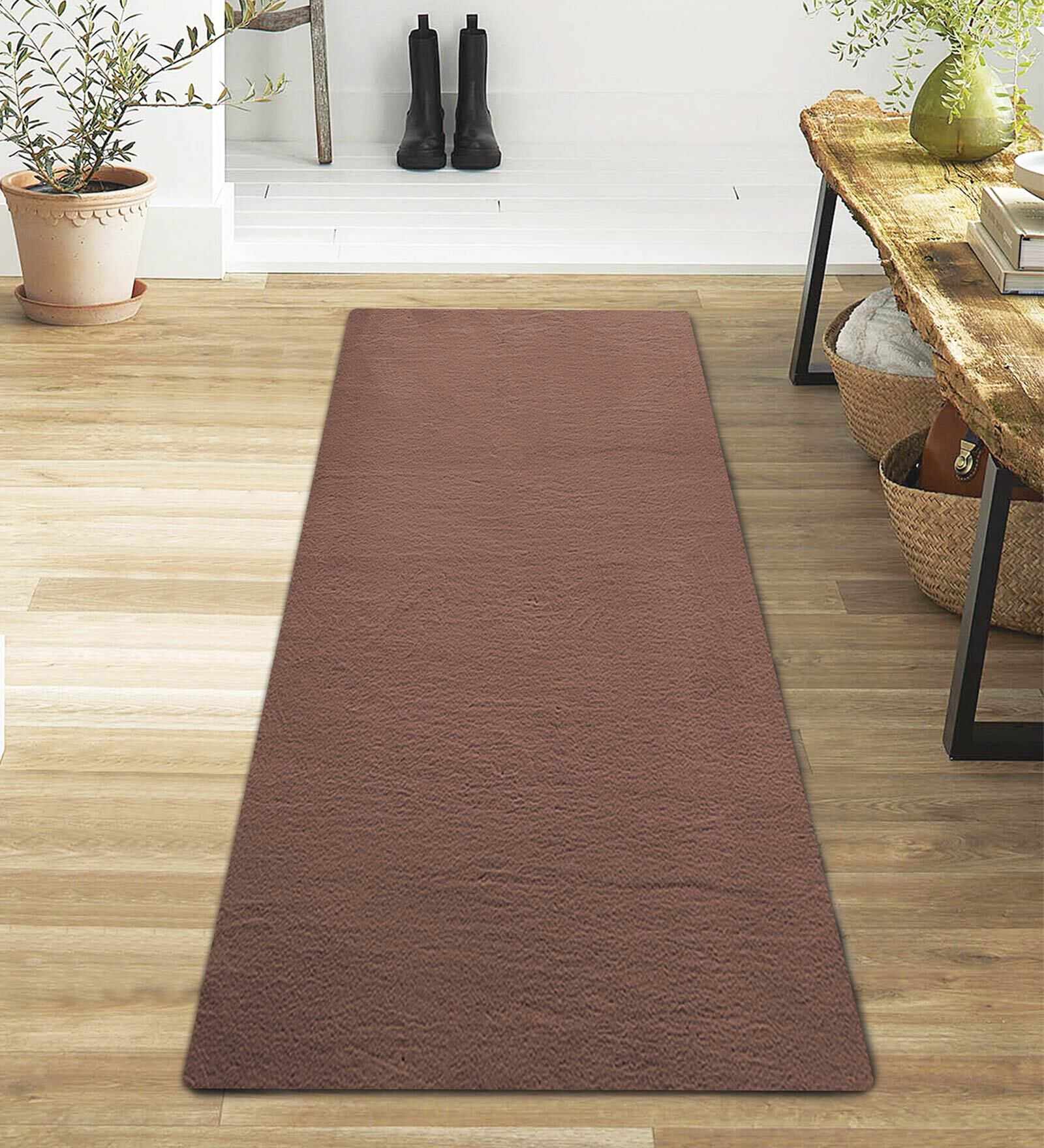 Brown Solid Polyester 59x32 Inches Machine Made Floor Runner