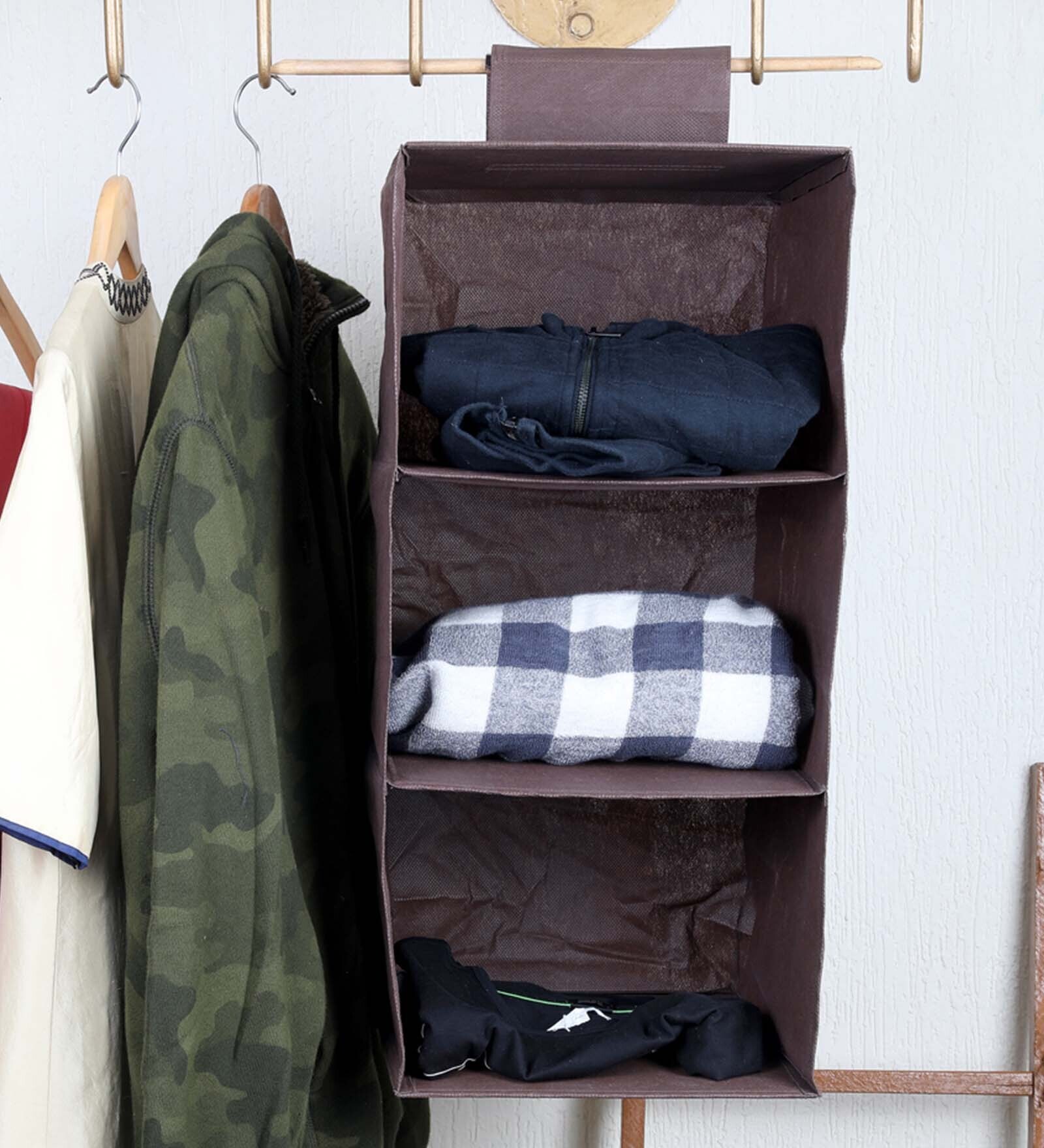 Brown Solid Polypropylene  Foldable Collapsible Cupboard Hanging Cloth Organiser With 3 Shelves