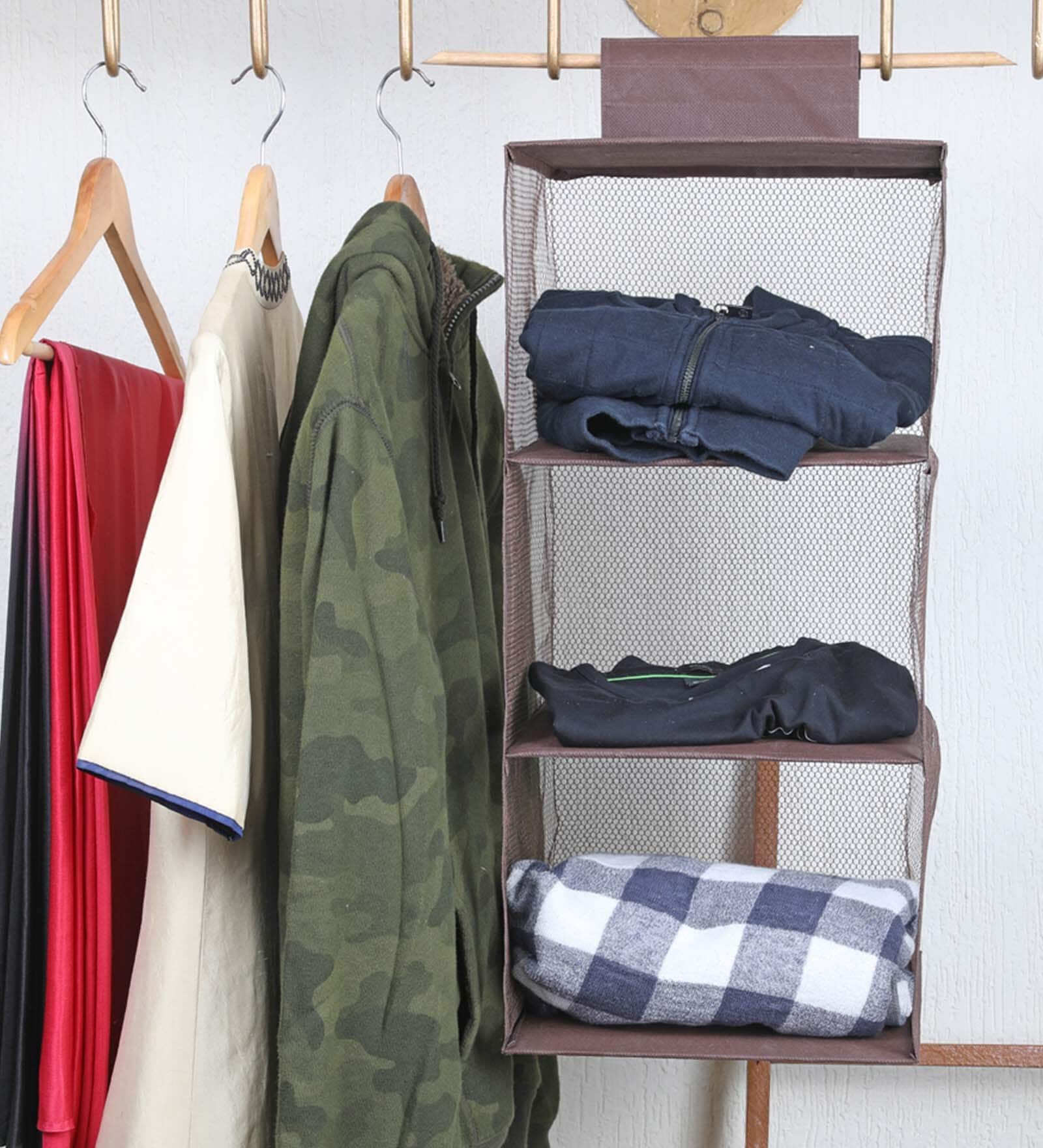 Brown Solid Polypropylene  Foldable Cupboard Hanging Cloth Organiser With 3 Shelves