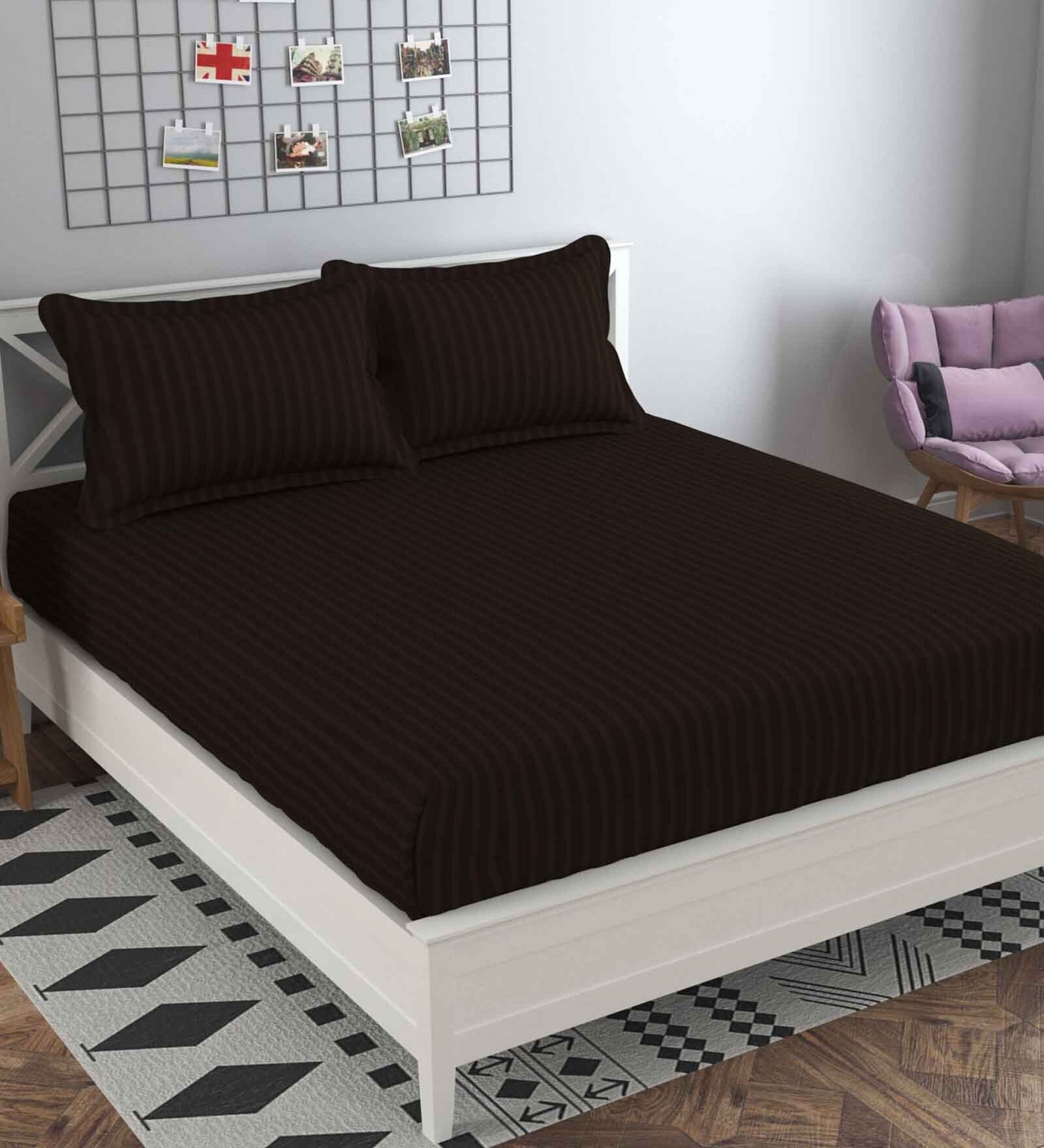 Buy Brown Striped 210 TC Cotton Blend Queen Sized Bed Sheets with 2