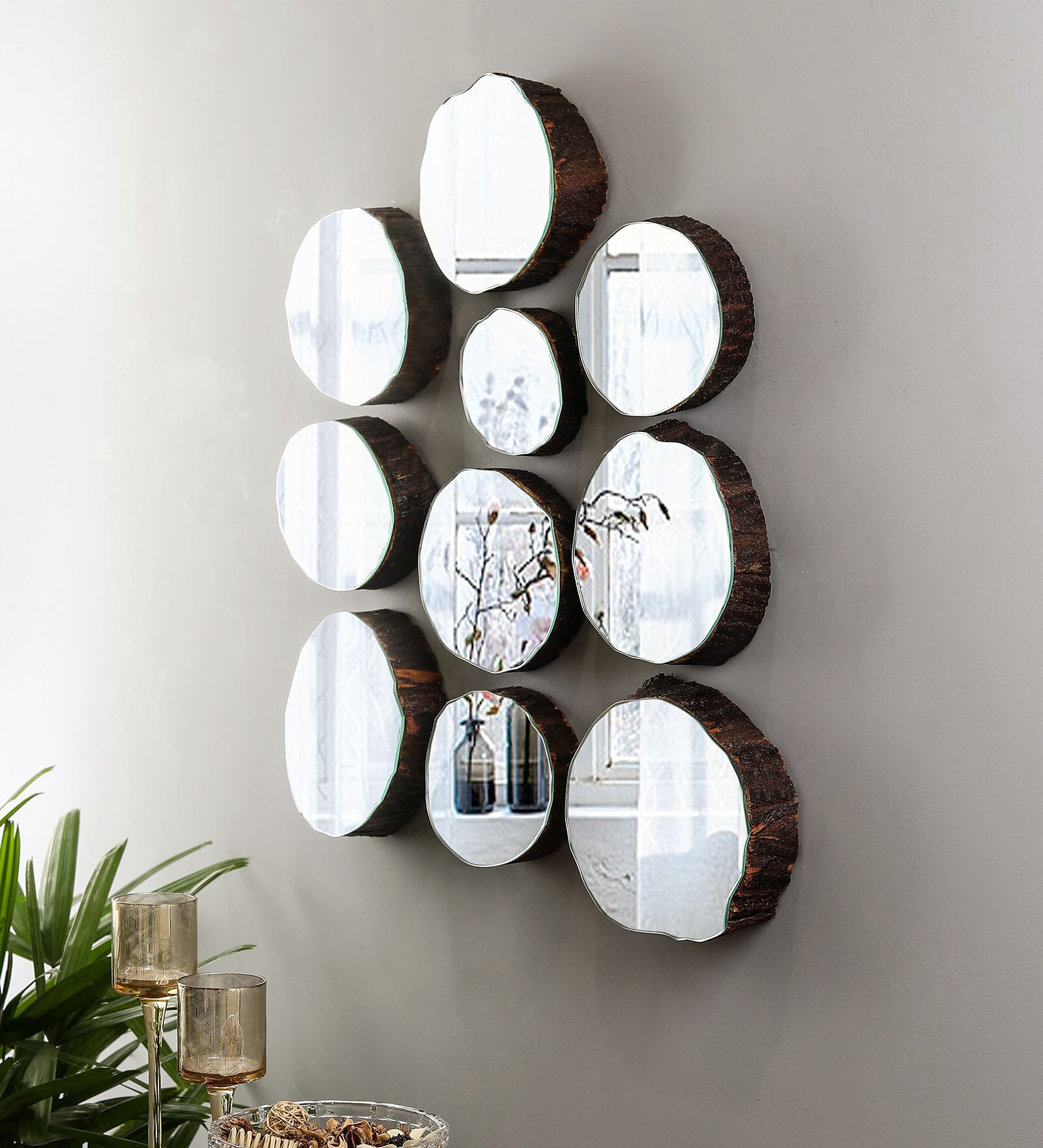 Solid Wood Abstract Wall Mirror in Brown colour
