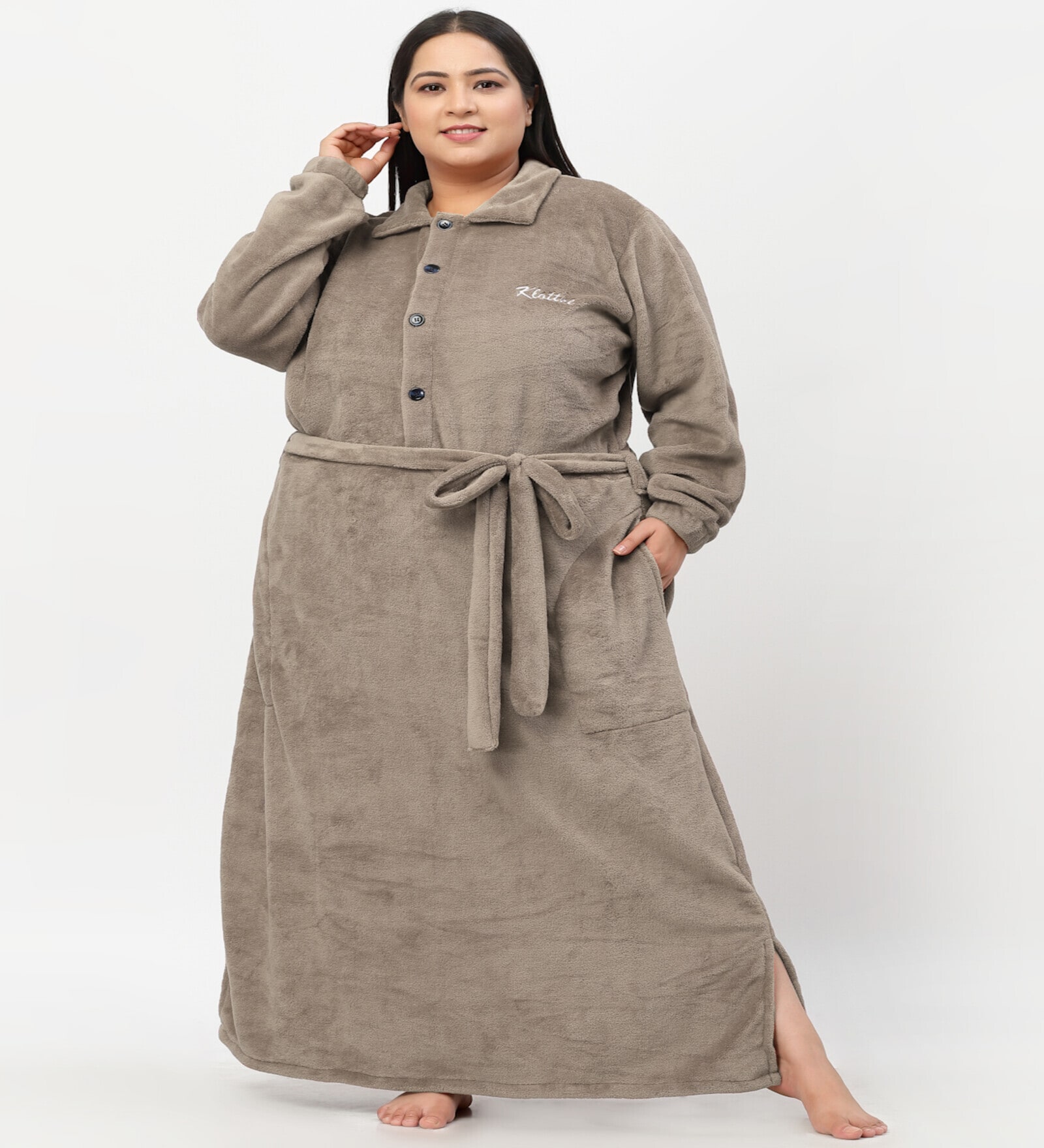 Brown Solid Woolen Women Bath Robe With Belt (3XL)