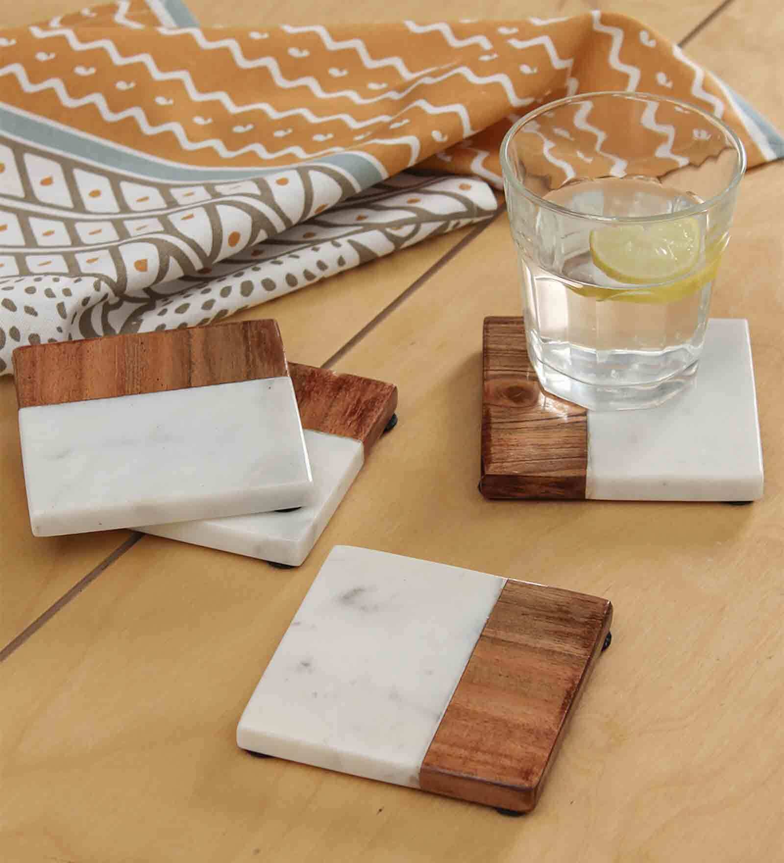 Faye White & Brown Marble & MDF (Set of 4) Table Coaster
