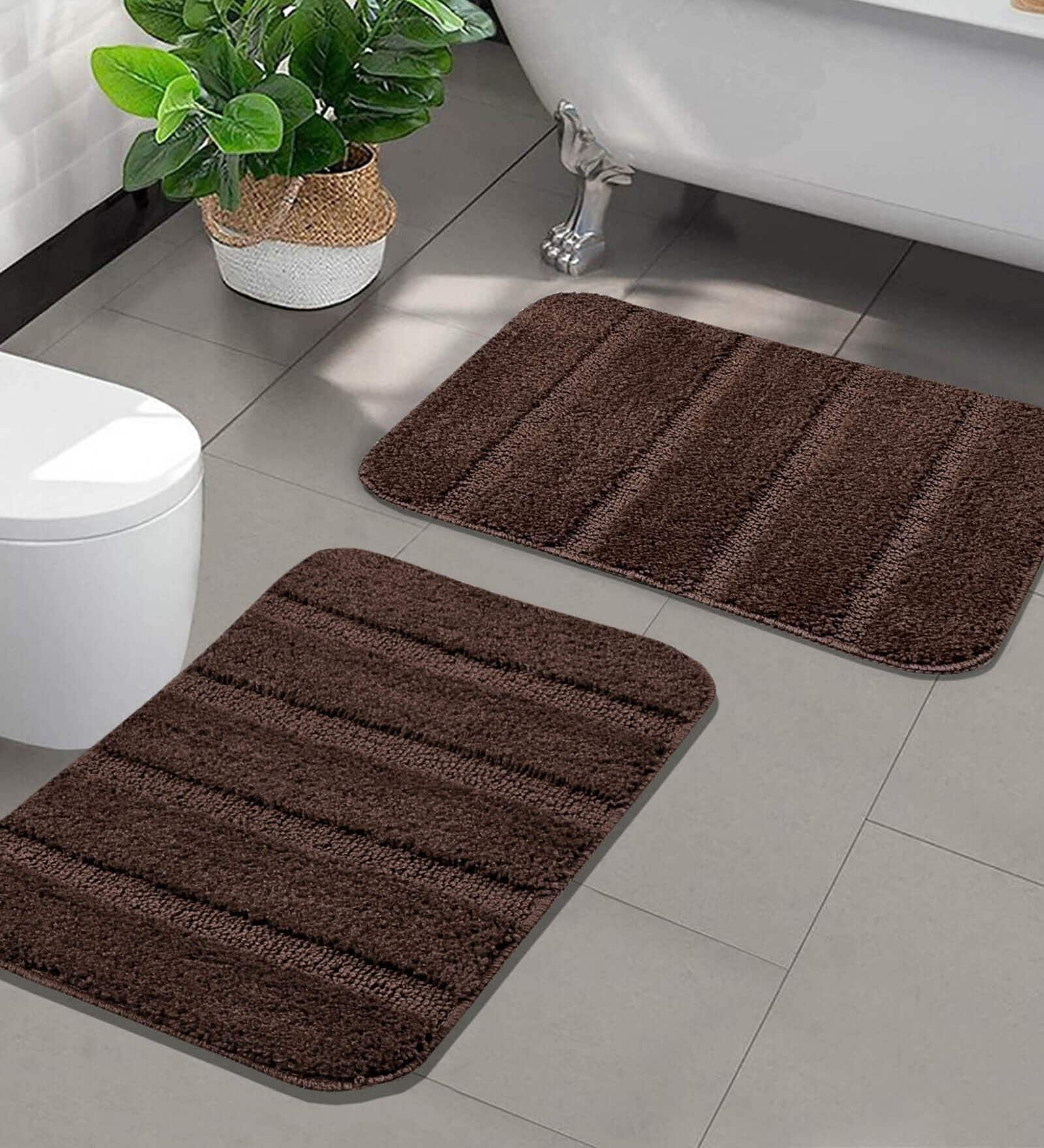 Brown Stripe Microfibre 20x14 Inches AntiSkid Bath Mats (Pack of 2)