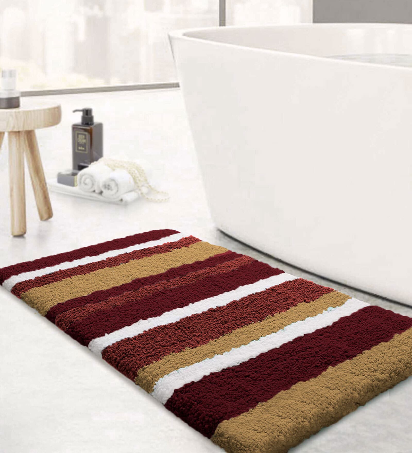 Brown Stripe Microfibre 30x18 Inches AntiSkid Bath Mat