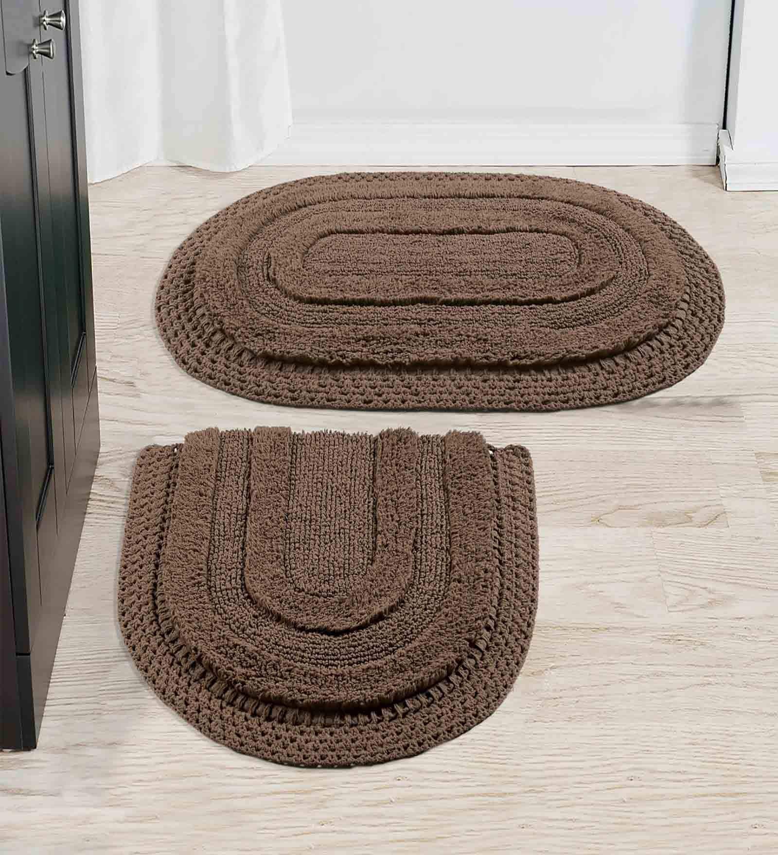 Brown Striped Cotton 19x27 Inches AntiSkid (Set of 2) Bath Mats