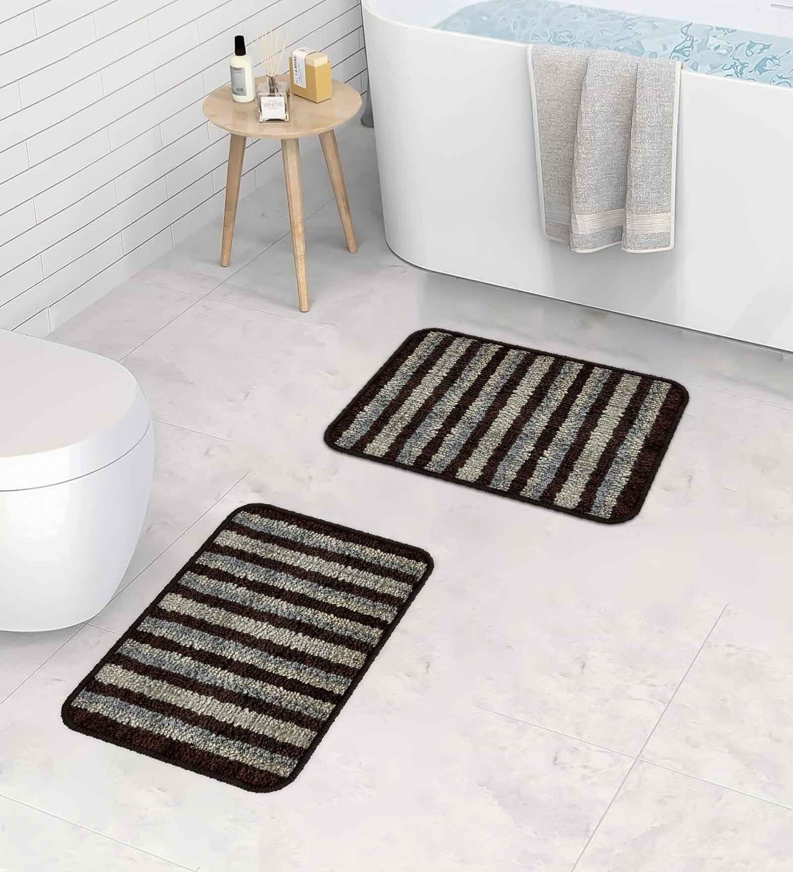 Buy Brown Striped Microfiber 14x20 Inches AntiSkid Bath Mats (Pack of 2 ...