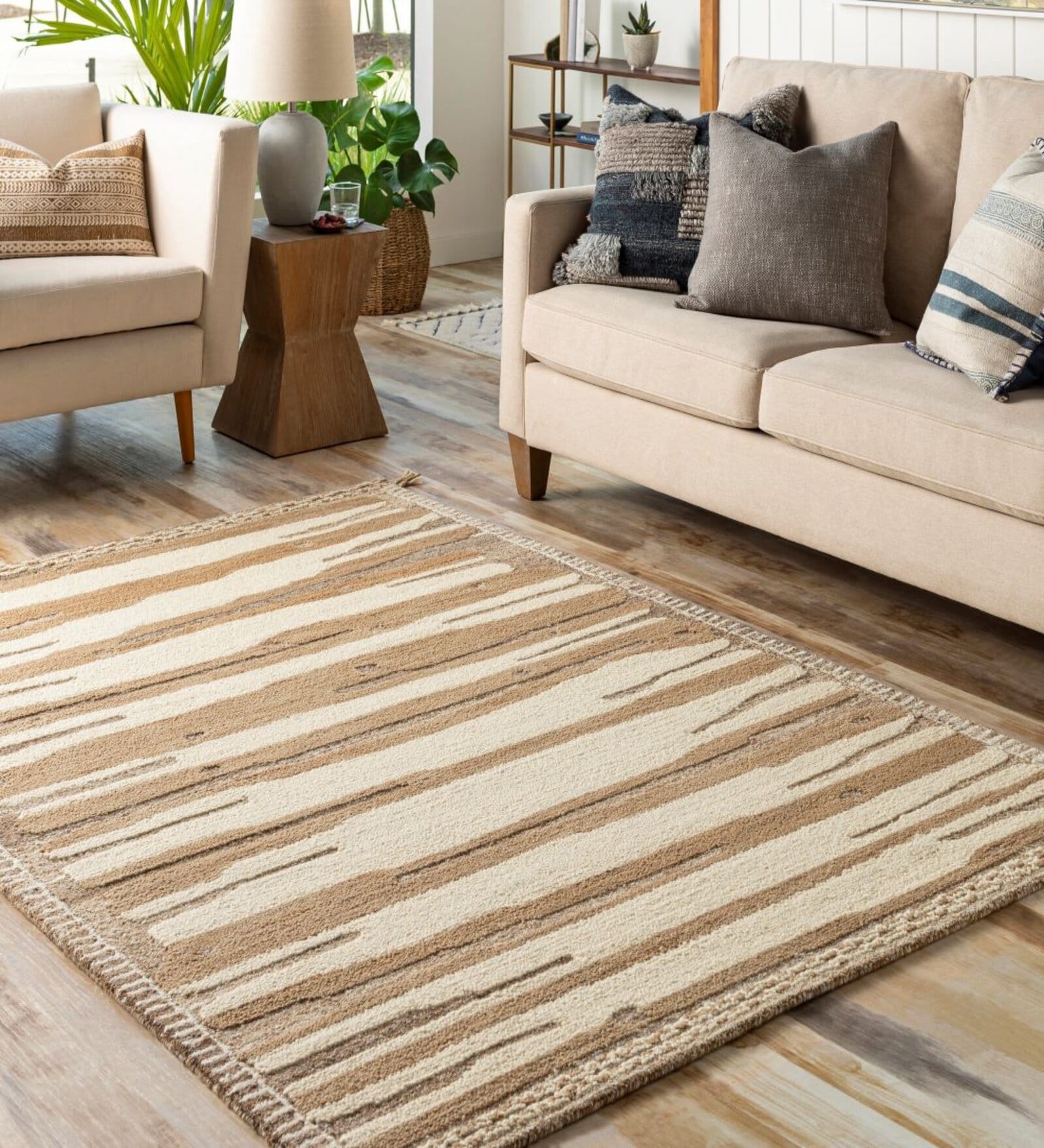 Brown Stripes Wool 5 ft x 7 ft Hand tufted Carpet