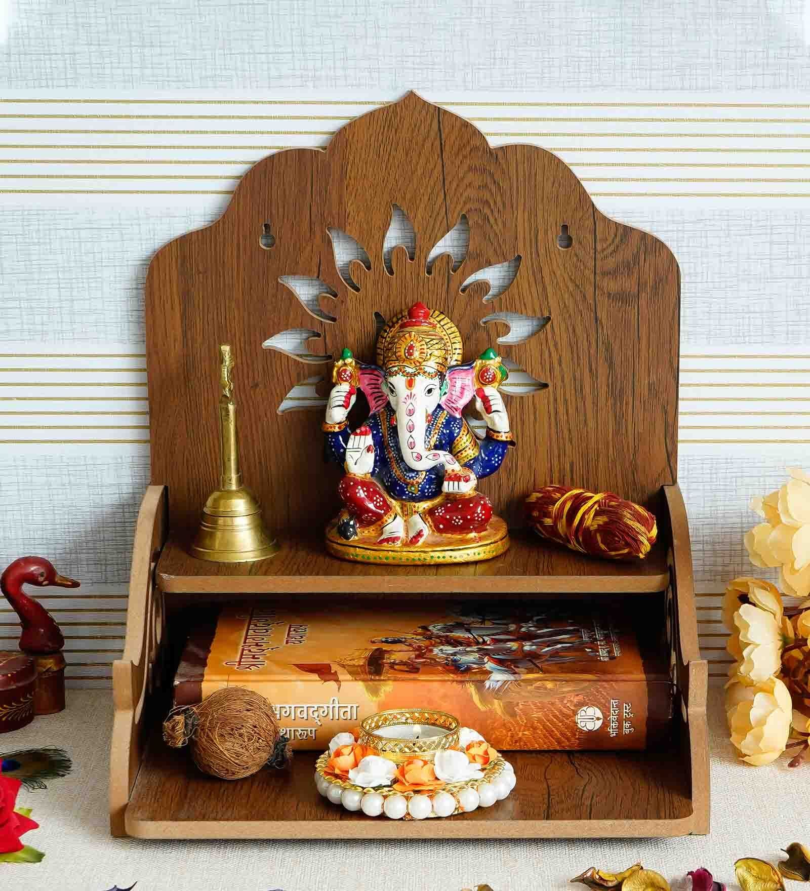 Brown Swastik Design Laminated Wood Pooja Shelf
