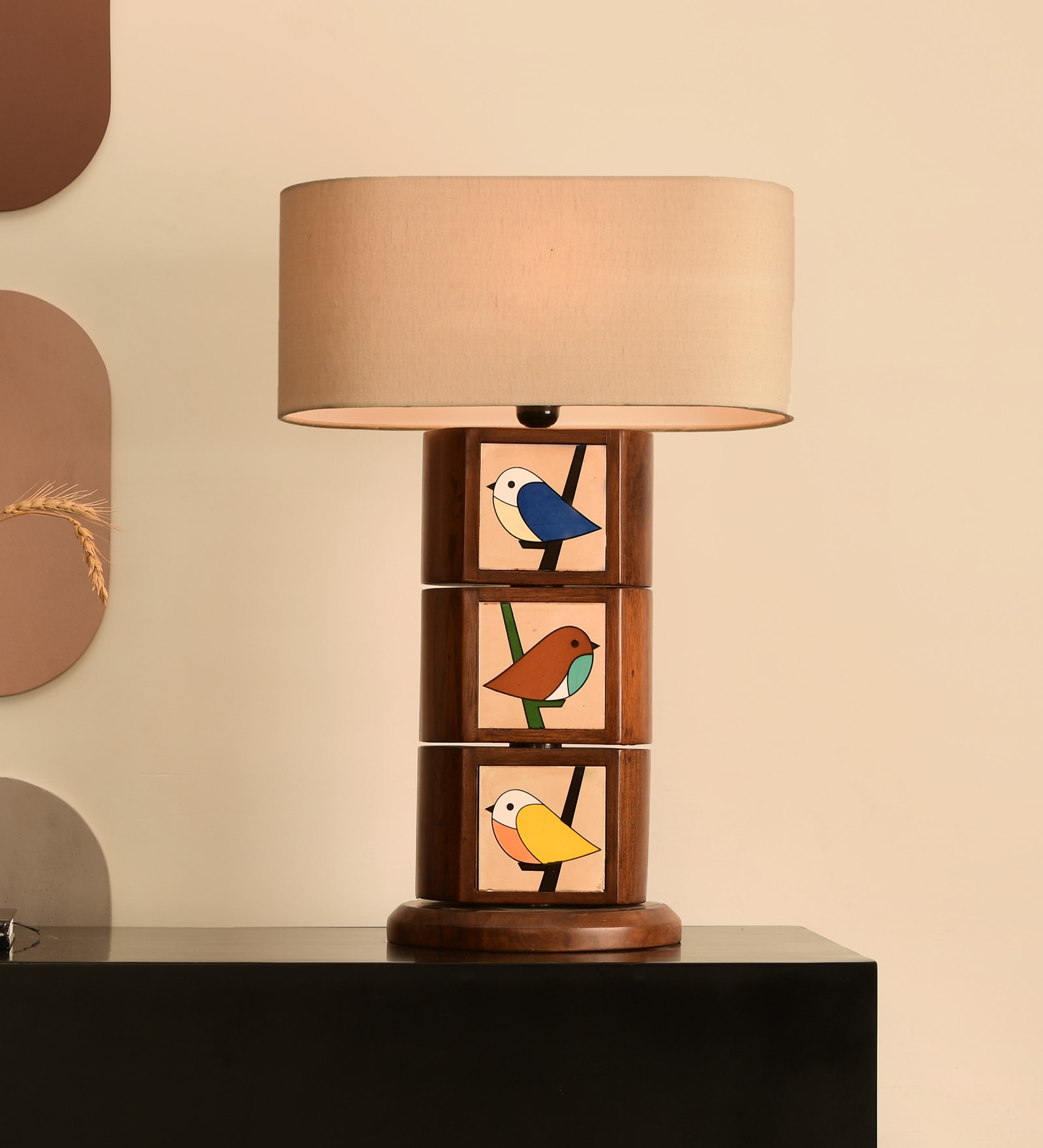Brown Teak wood Ceramic Handmade Tilecane Natura Table Lamp