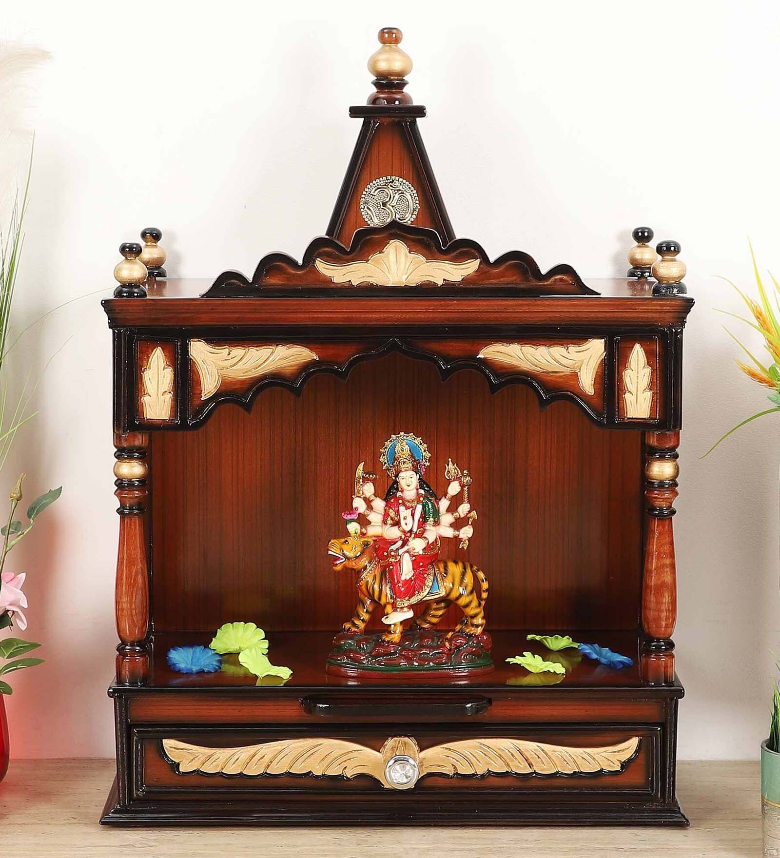 Brown Teak Wood Floor Rested Mandir Without Door