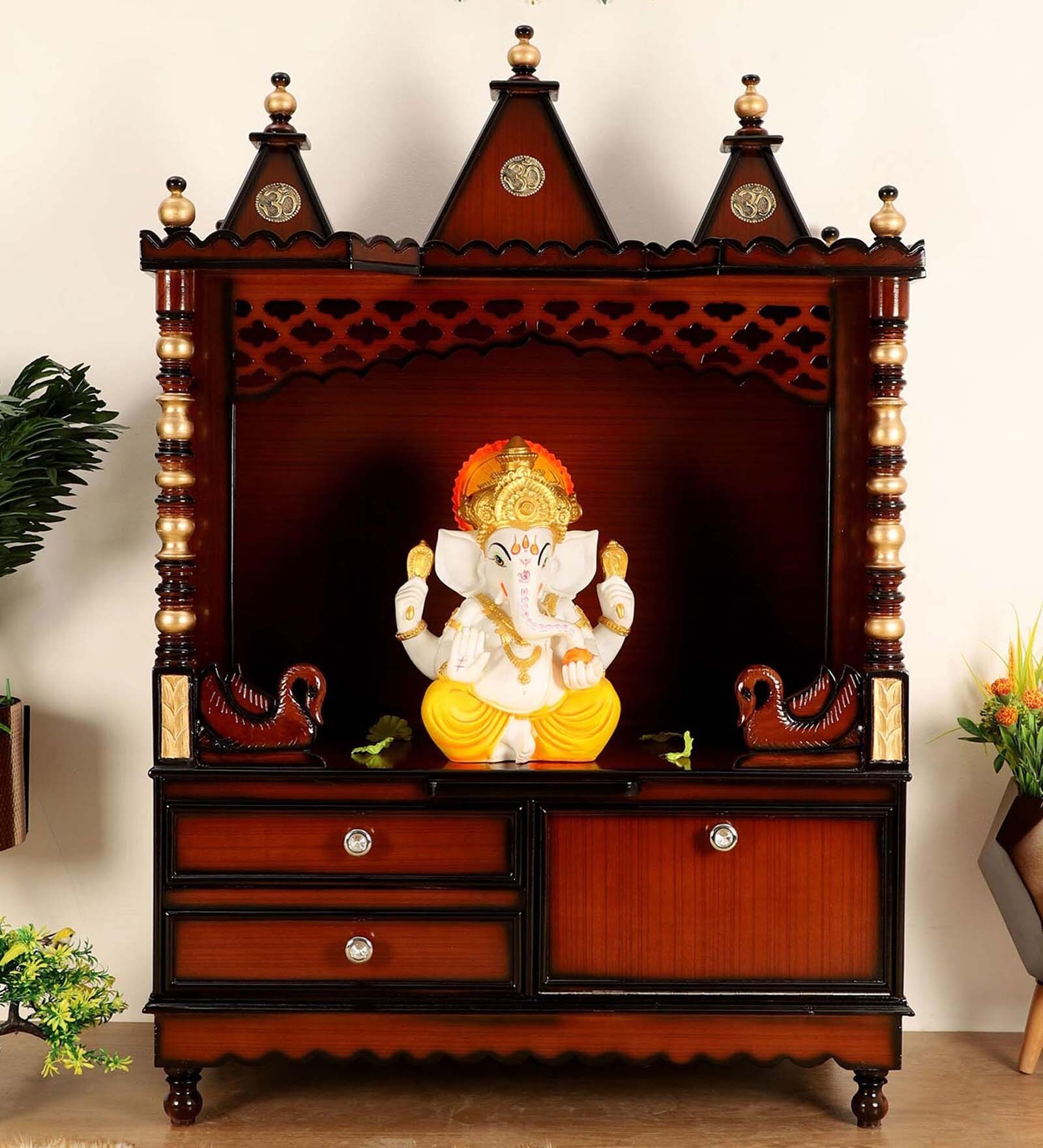Brown Teak Wood Floor Rested Mandir Without Door